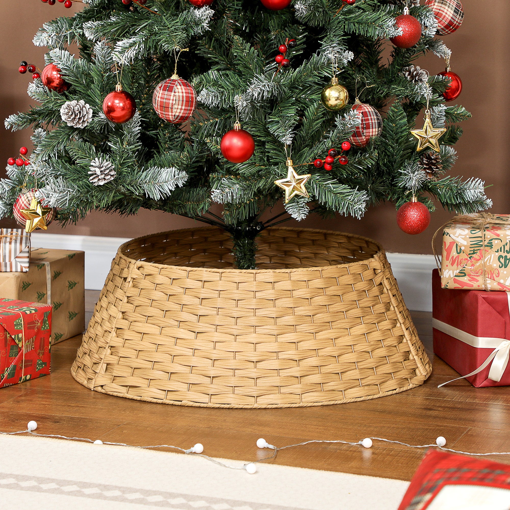 LOVMOR - 2ft Rustic Plastic Woven Christmas Tree Skirt Collar Coffee