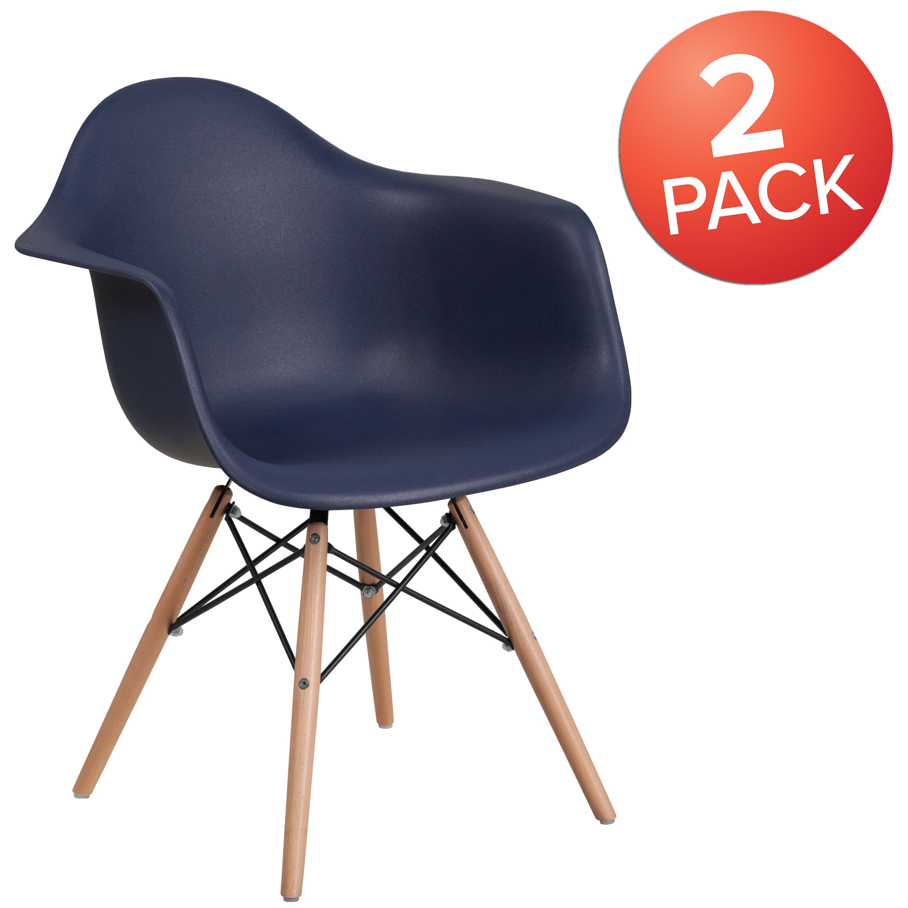 Navy Plastic Side Chair with Wooden Legs, Set of 2