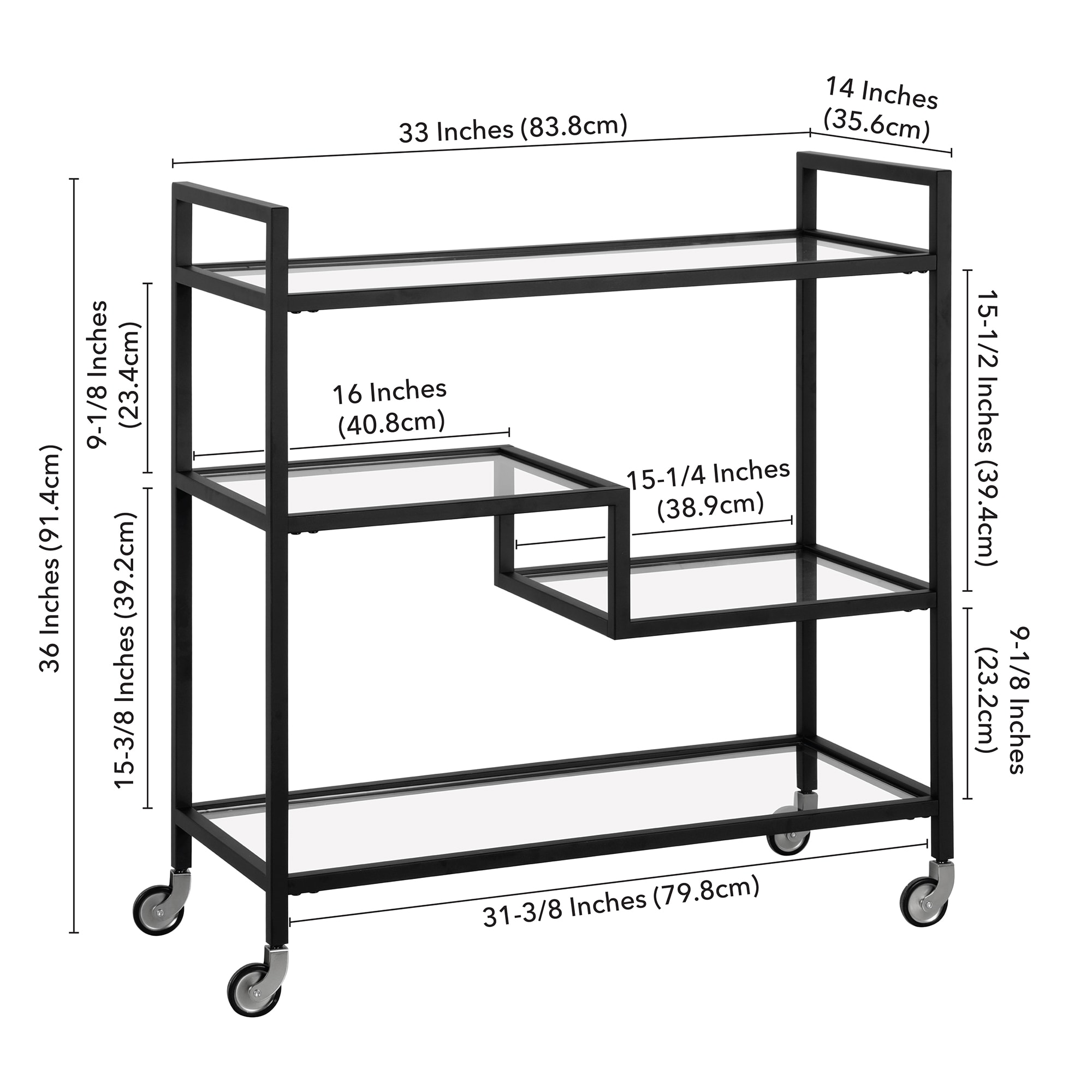 Blackened Bronze 33" Bar Cart with Glass Shelves