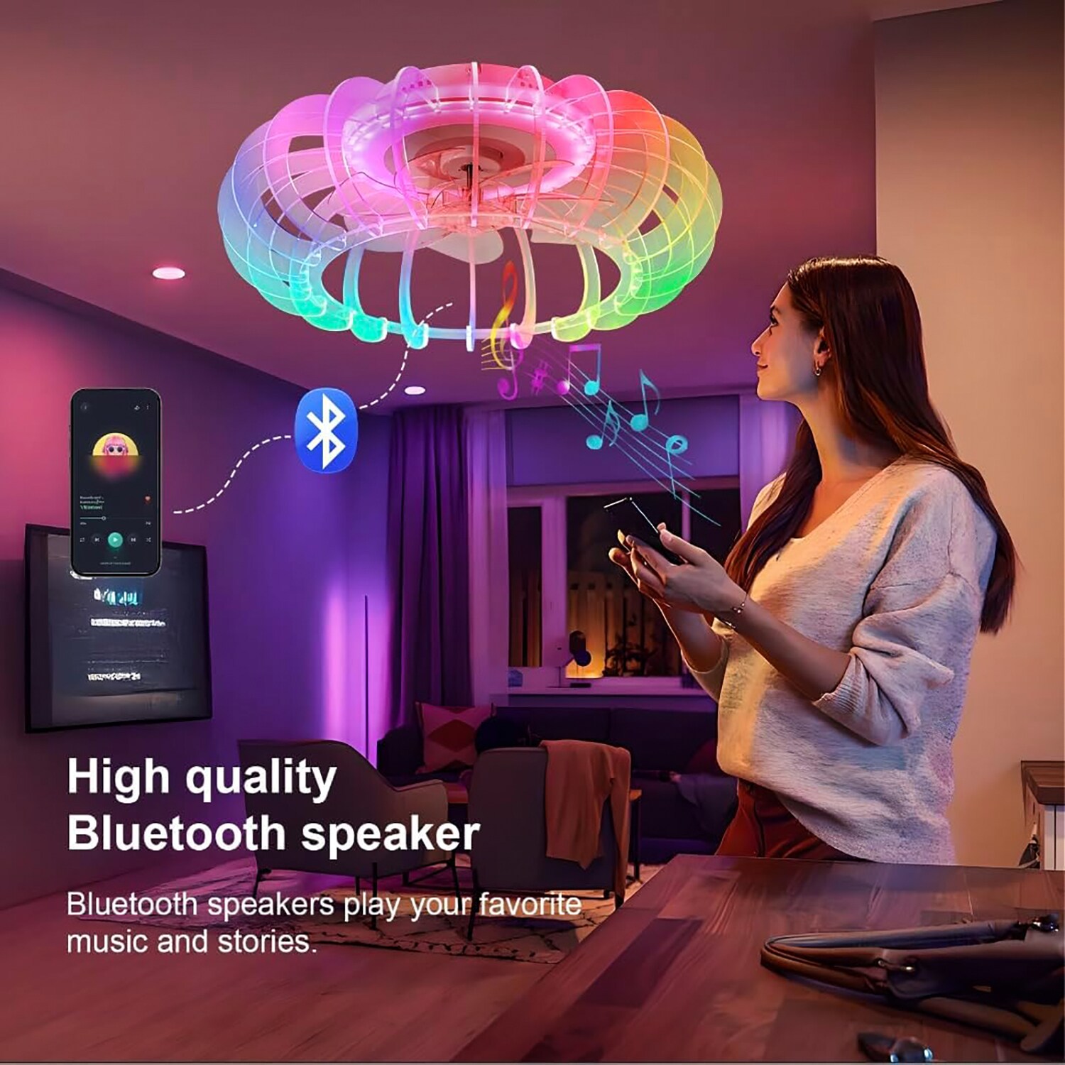 Huluwat 21 Inch Bladeless Smart Ceiling Fan with RGB Lights and ...