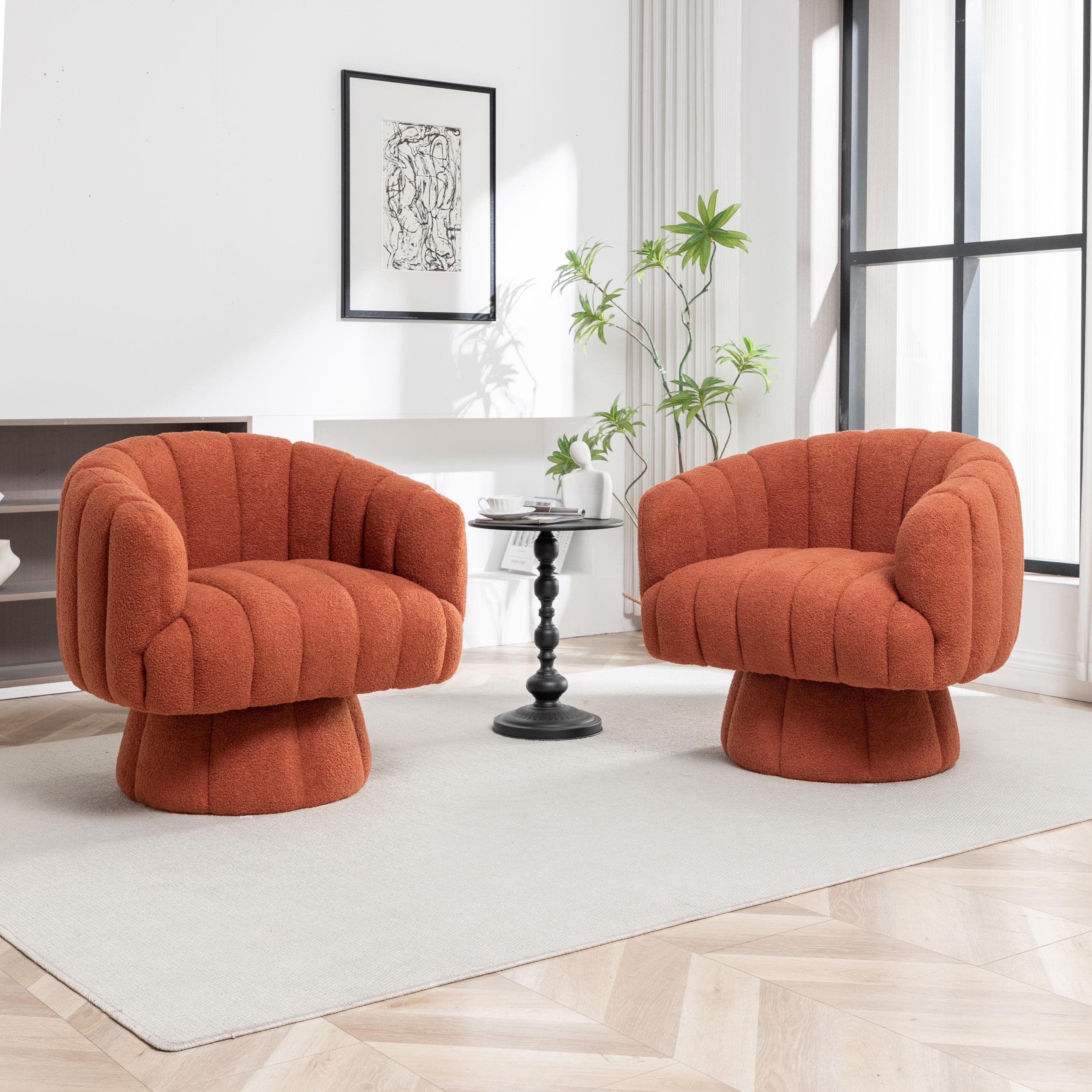 SEYNAR FJ752-ORANGE-S2 Modern Teddy Upholstered Fabric Round 360 Degree Swivel Accent Chair Set of 2