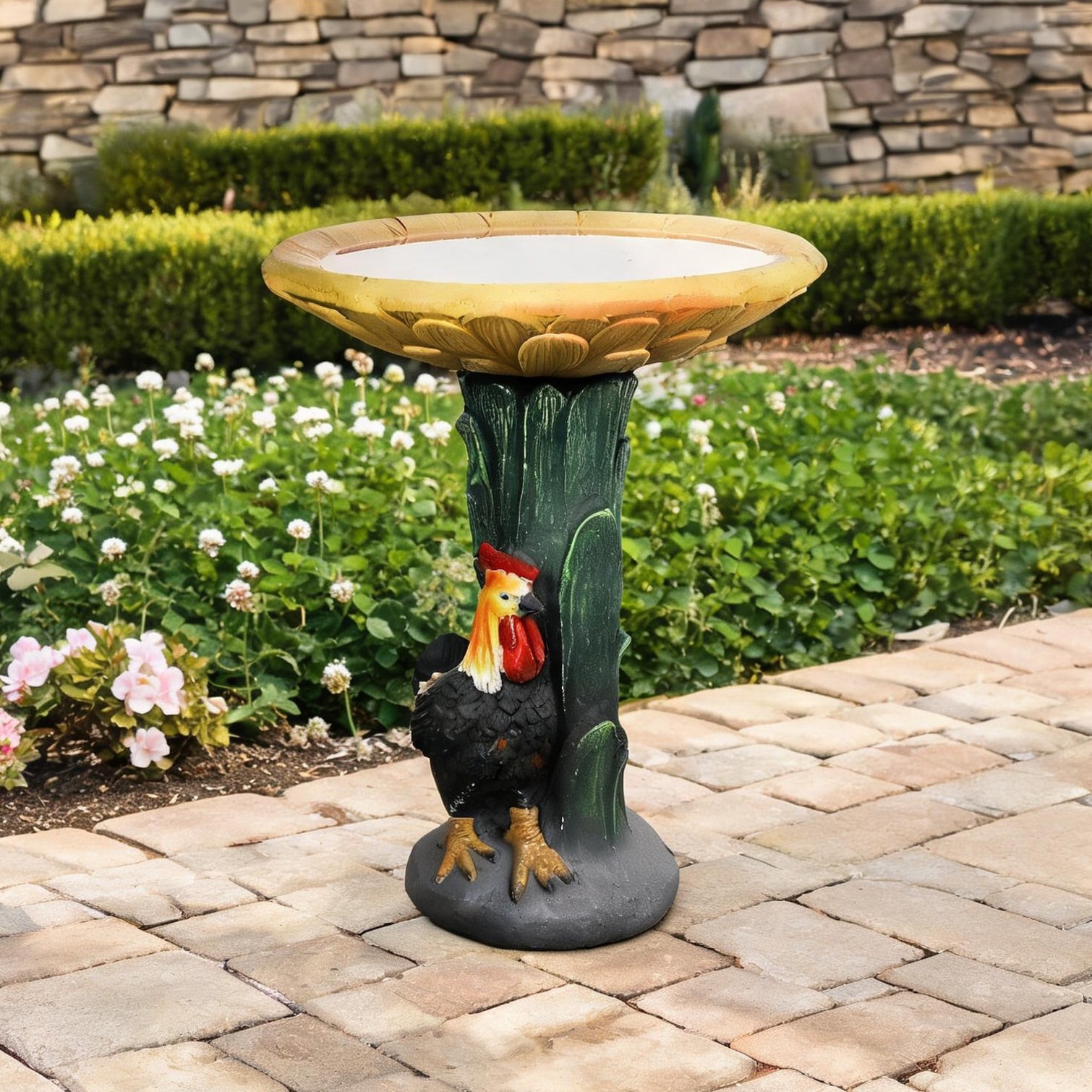 SUNCREAT Modern Column Bird Bath with Hand-Painted Sunflower Motif Classic Yellow Concrete 23-Inch Freestanding Pedestal for Garden