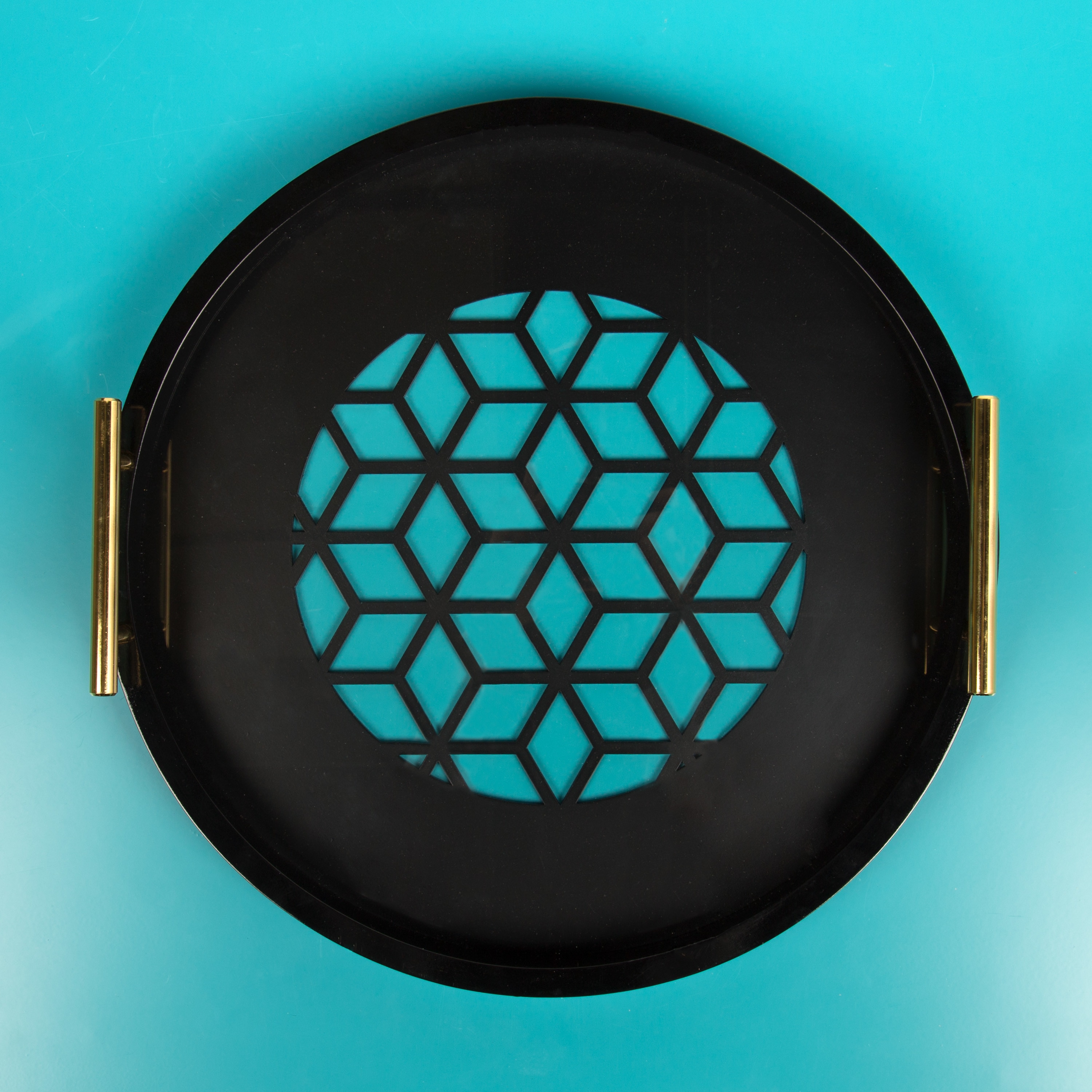 Caspen Round Black Glass Decorative Tray with Gold Handles