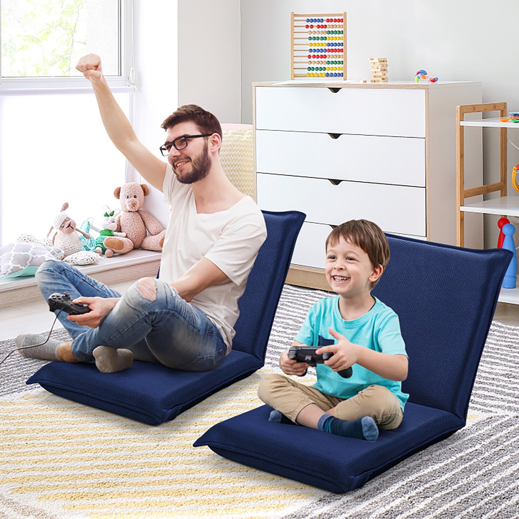 Navy Blue Adjustable Folding Floor Chair with Mesh Fabric