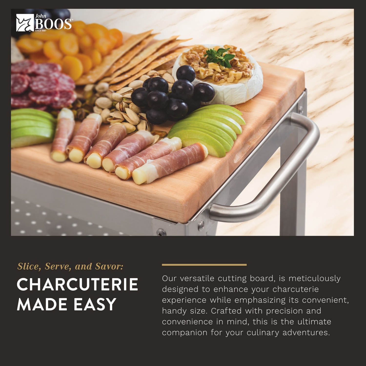 Maple Wood Butcher Block Kitchen Cart with Stainless Steel Frame