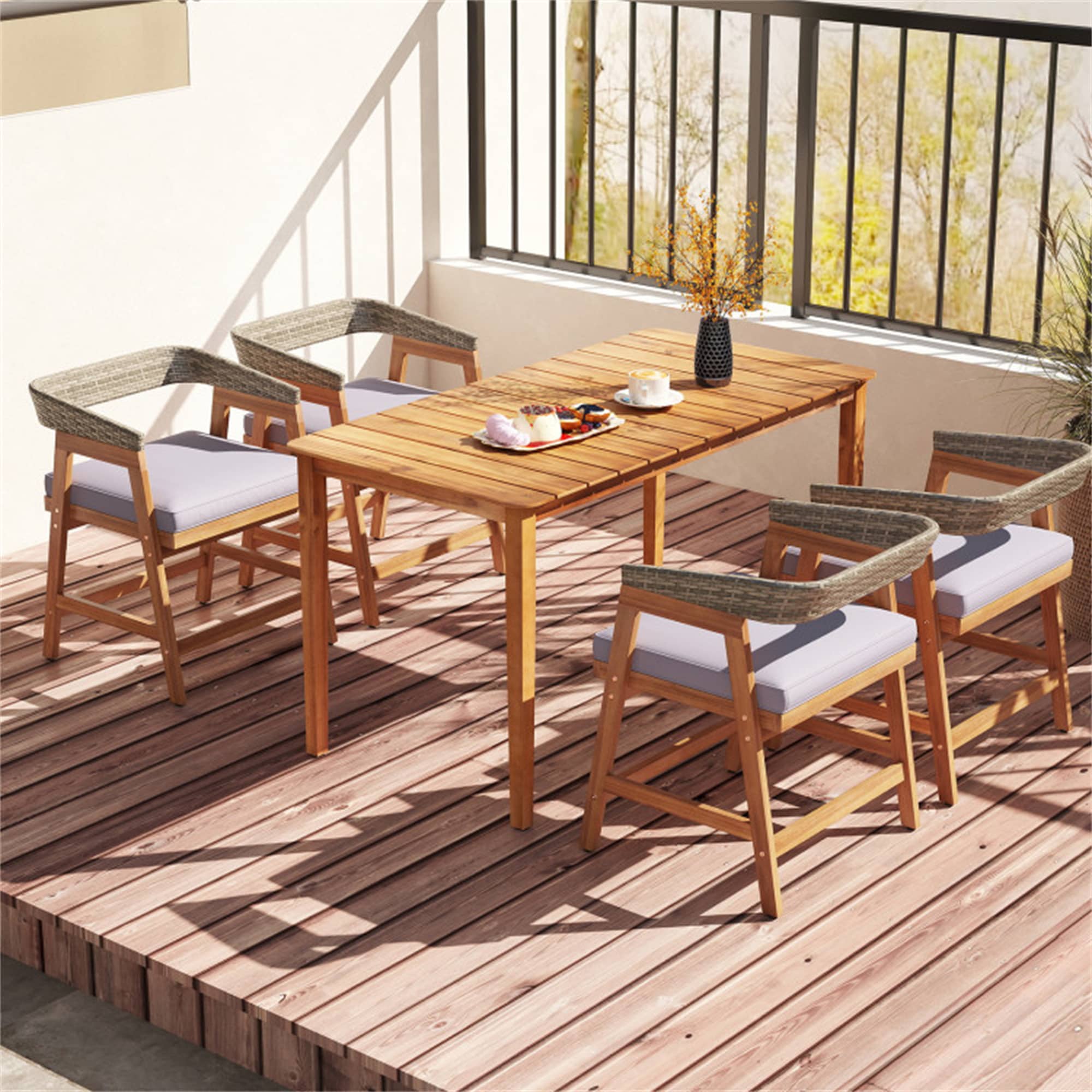 BABOOM BOM-69384B+-CO Patio Furniture Set 5 -Piece Natural Patio Dining Set Wood Rectangle Table with 4 Gray Cushions Stationary Chairs