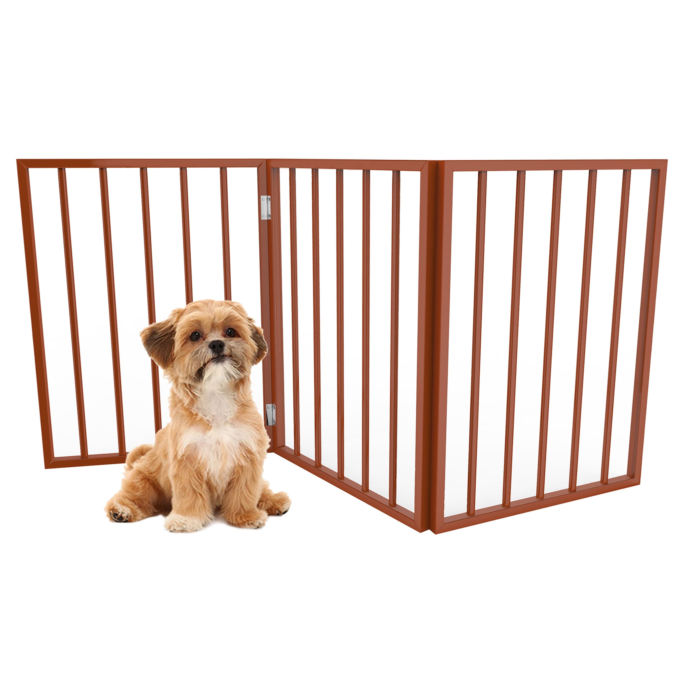 Mahogany Freestanding Foldable Metal and Plastic Pet Gate