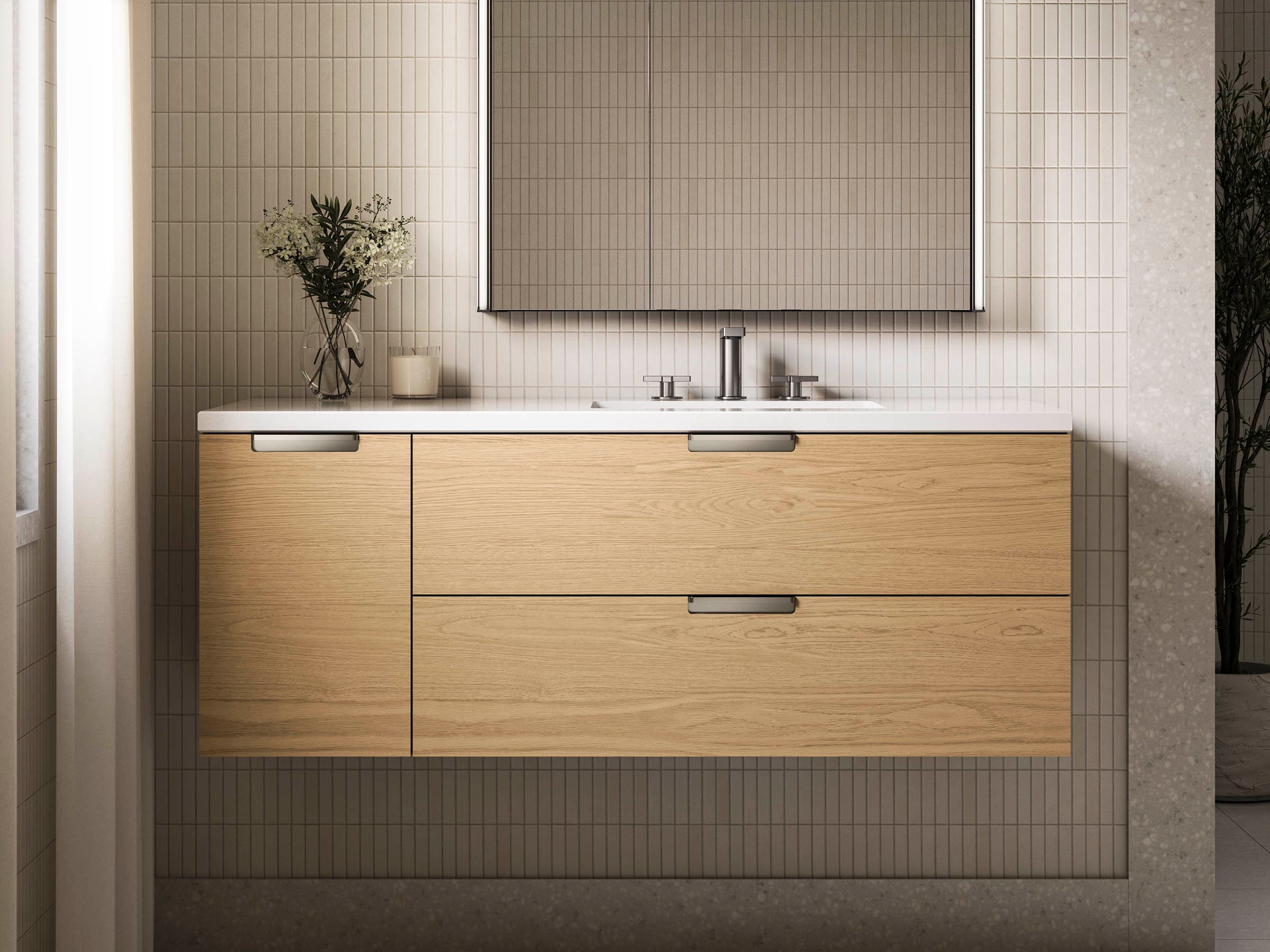 KOHLER 34656-WEK Maxstow 48-in Light Oak Undermount Single Sink Floating Bathroom Vanity with White Quartz Top