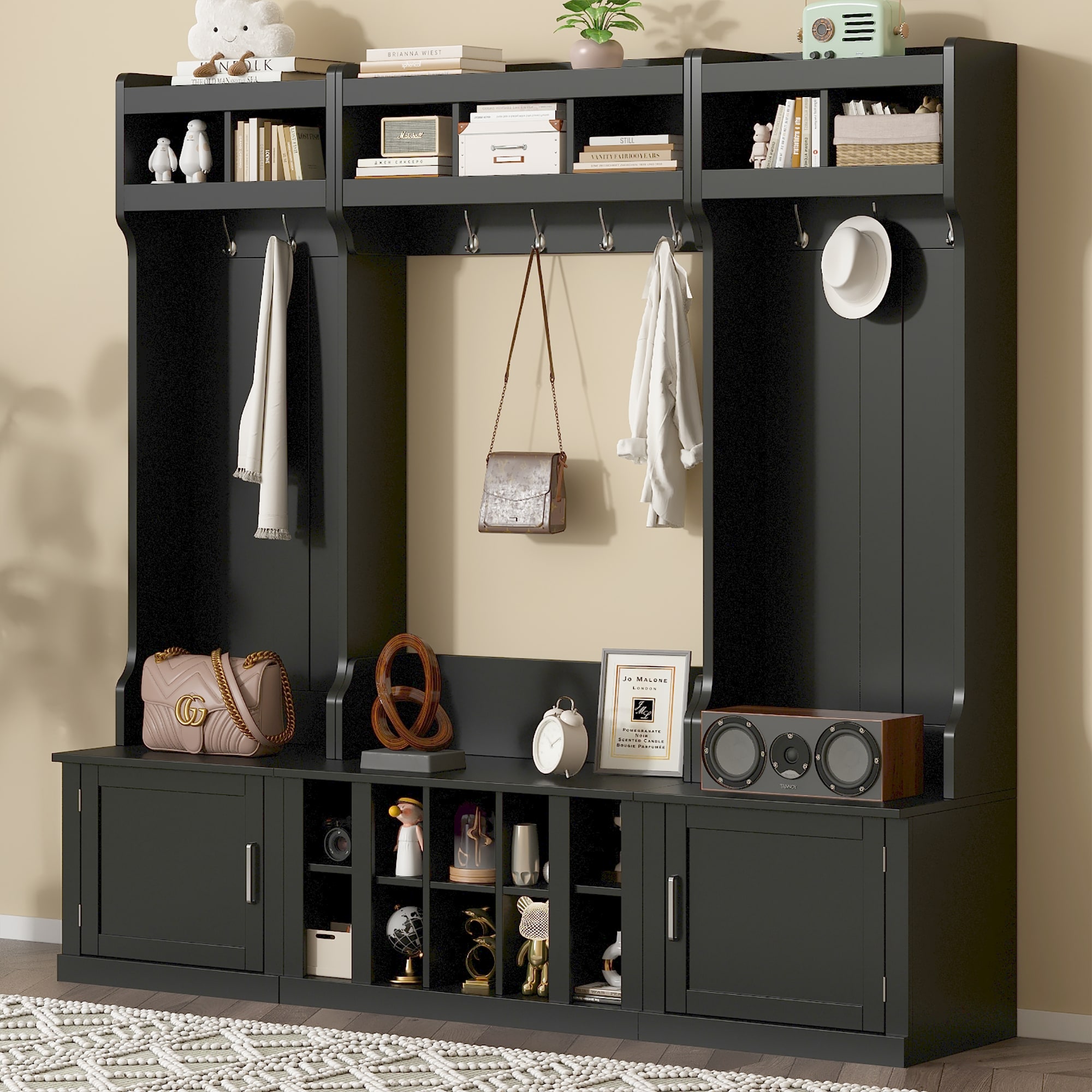 ModernLuxe N721S000025B Wide Design Hall Tree with Storage and Bench4IN1 Multifunctional Entryway Bench with Coat Rack and Shoe CubbiesPractical Furniture for HallwayBlack