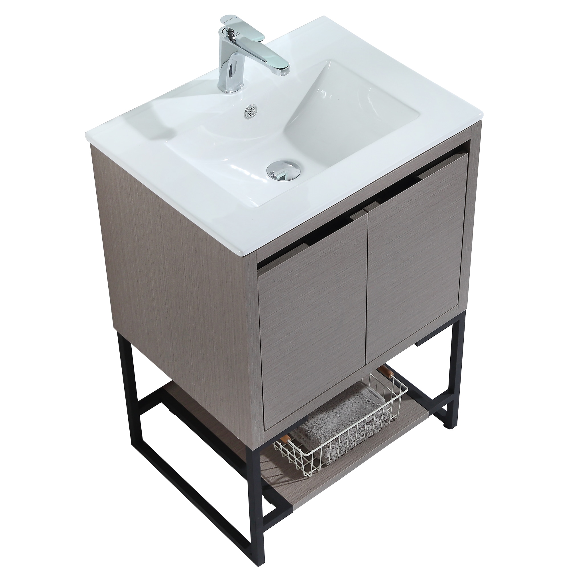 Clihome 24 In Grey Oak Single Sink Bathroom Vanity With White Ceramic   15008017 