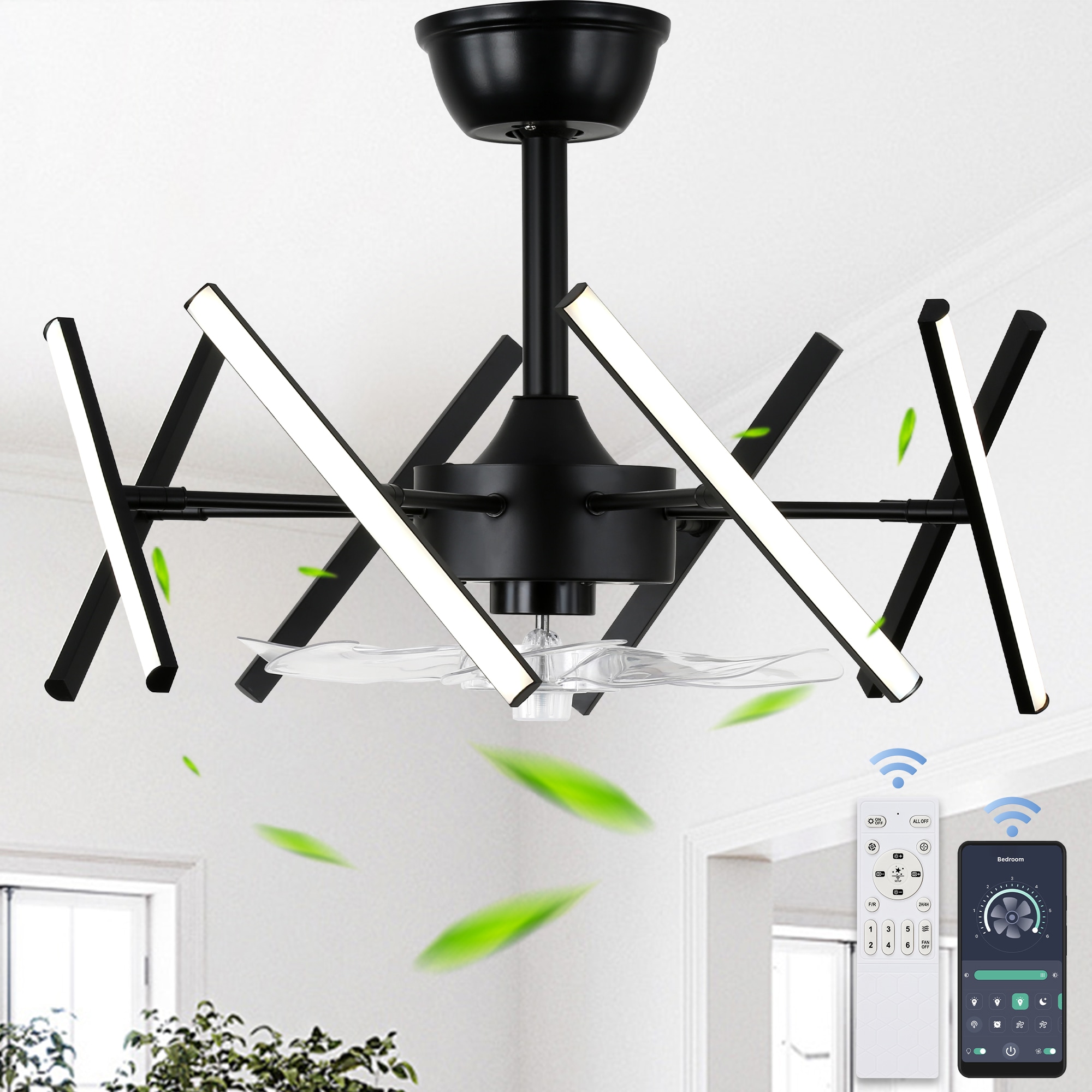 Bella Depot DCFSD2104 Designer 18-in Color-Changing Integrated LED Black with Clear Blades Bladeless Ceiling Fan With Light - Remote Included ( 7 -Blade )