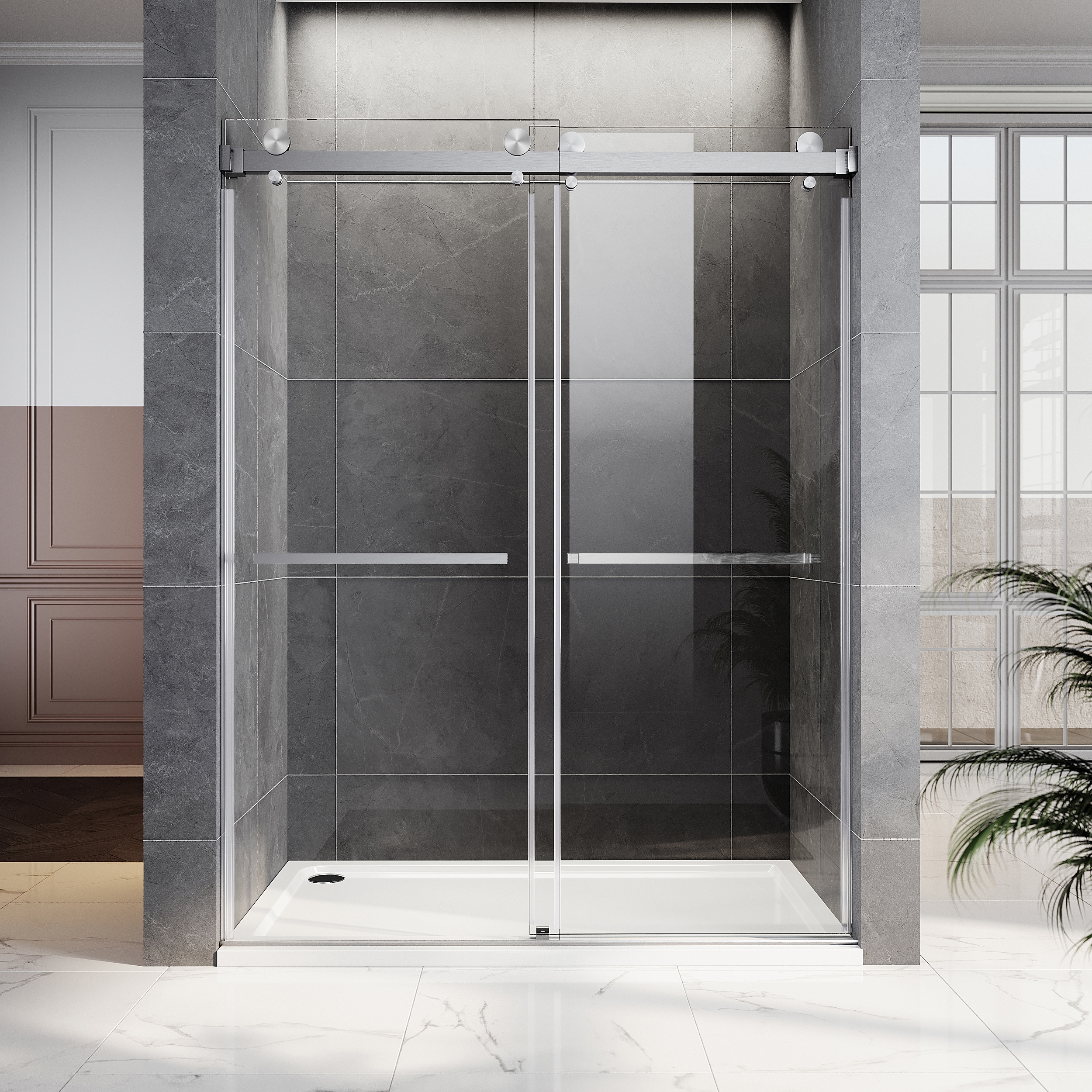 UNIKOO UKD01 66 to 72 in. x 76 in. H Frameless  Double Sliding Shower Door with Two Towel Bars in Brushed Nickel and 3/8 in. (10mm) Clear Glass