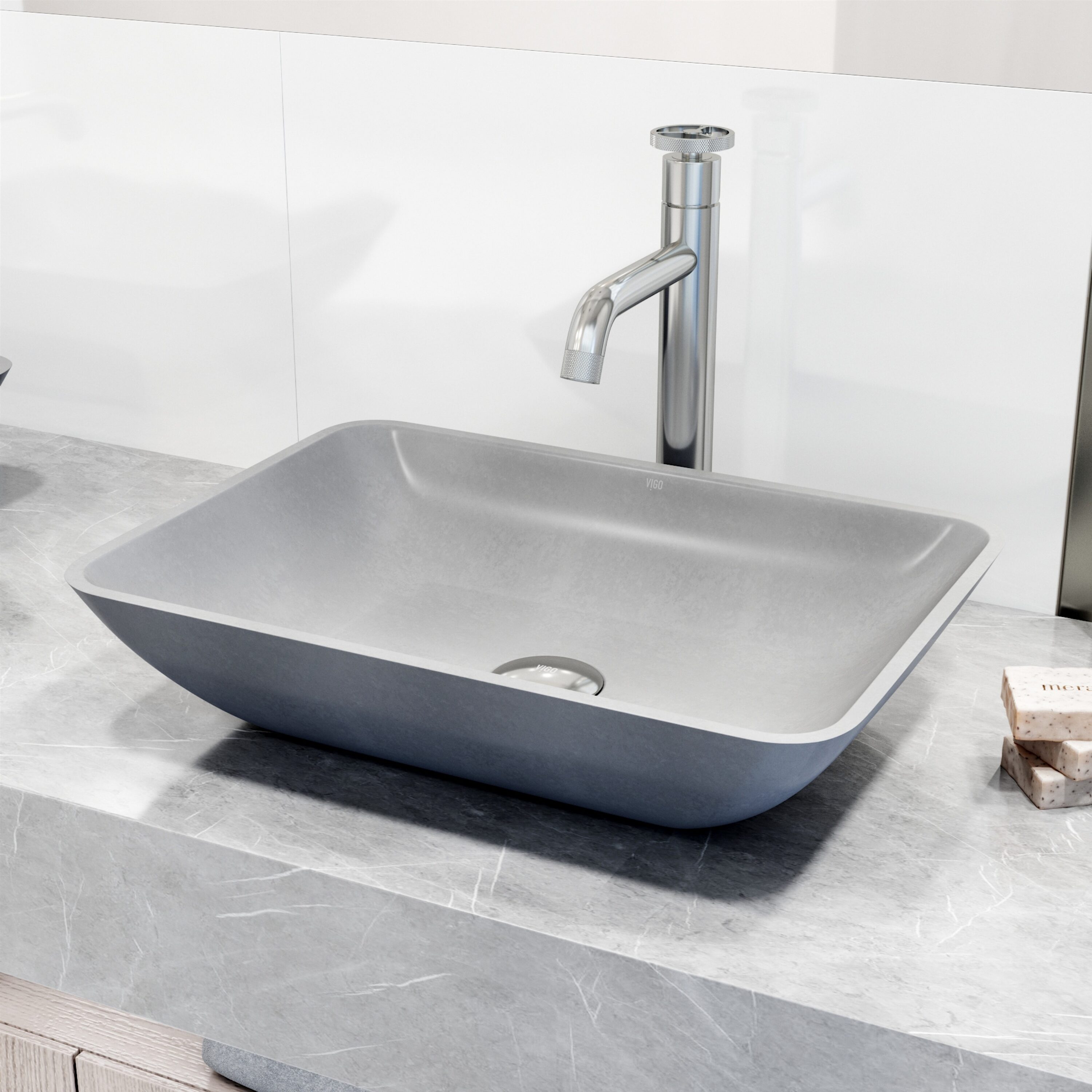 Gray Concrete Rectangular Vessel Bathroom Sink