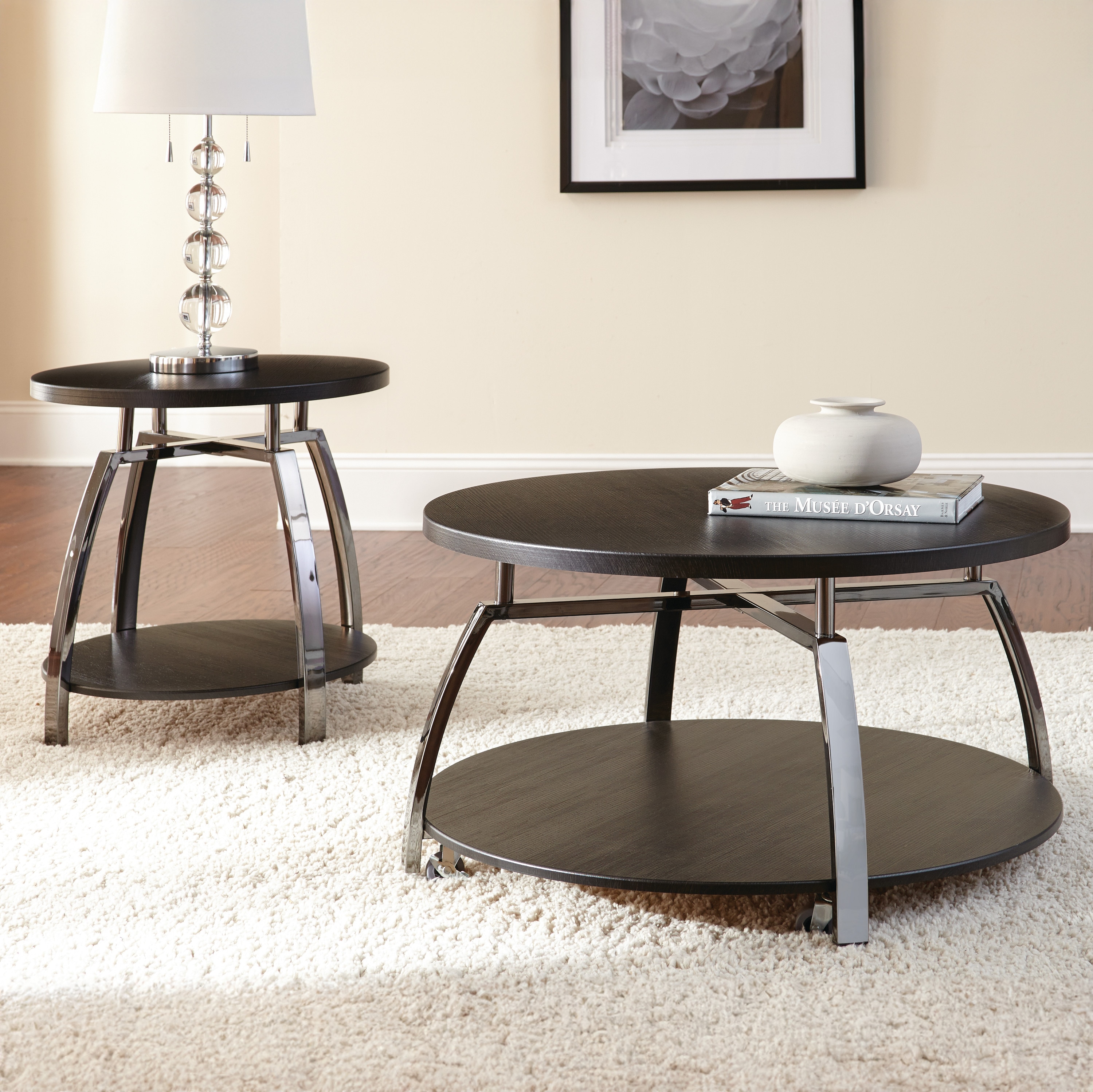 Coham 23" Round Brown Wood and Metal End Table