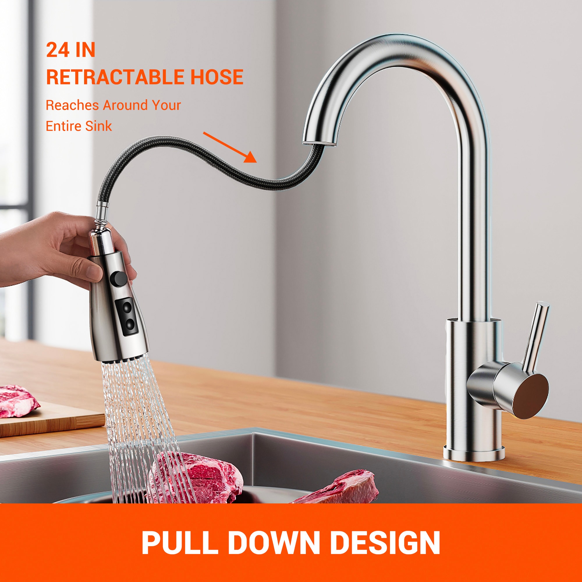 androme Chrome Single Handle Pull-down Kitchen Faucet with Sprayer ...