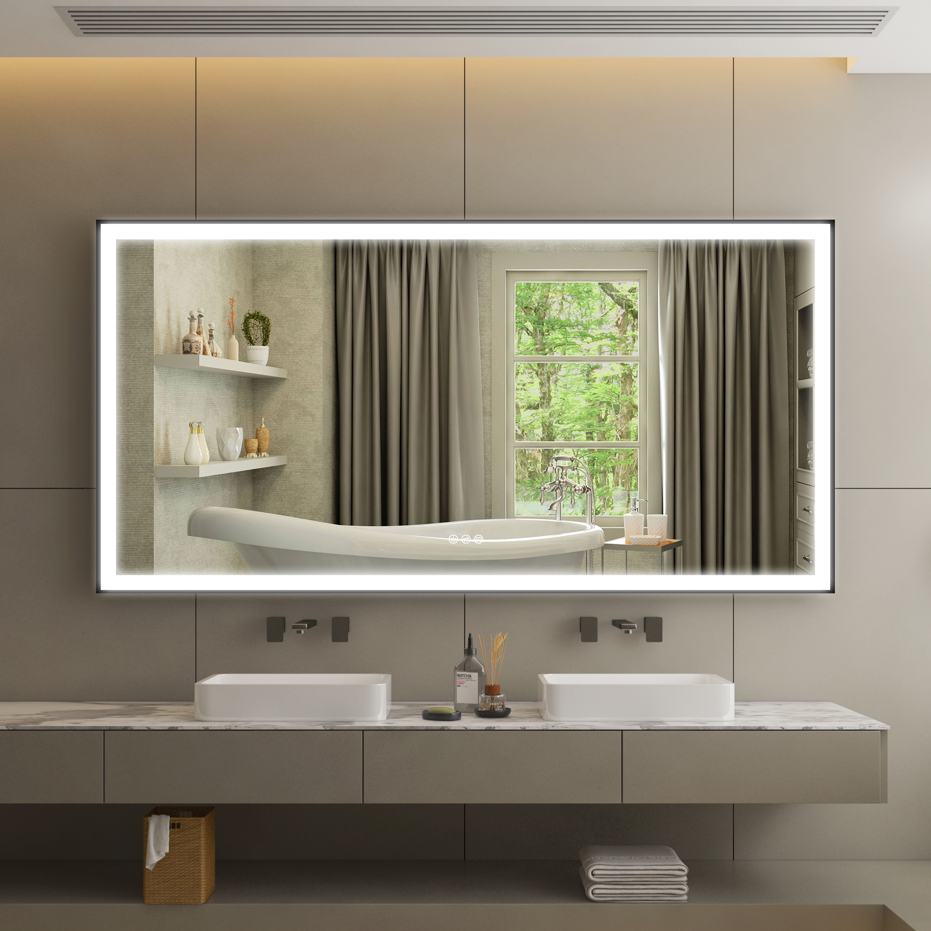 Forclover FLW-ER8442B 84-in x 42-in Framed Rectangle Dimmable Lighted Fog Free Bathroom Vanity Mirror ( Matte Black )