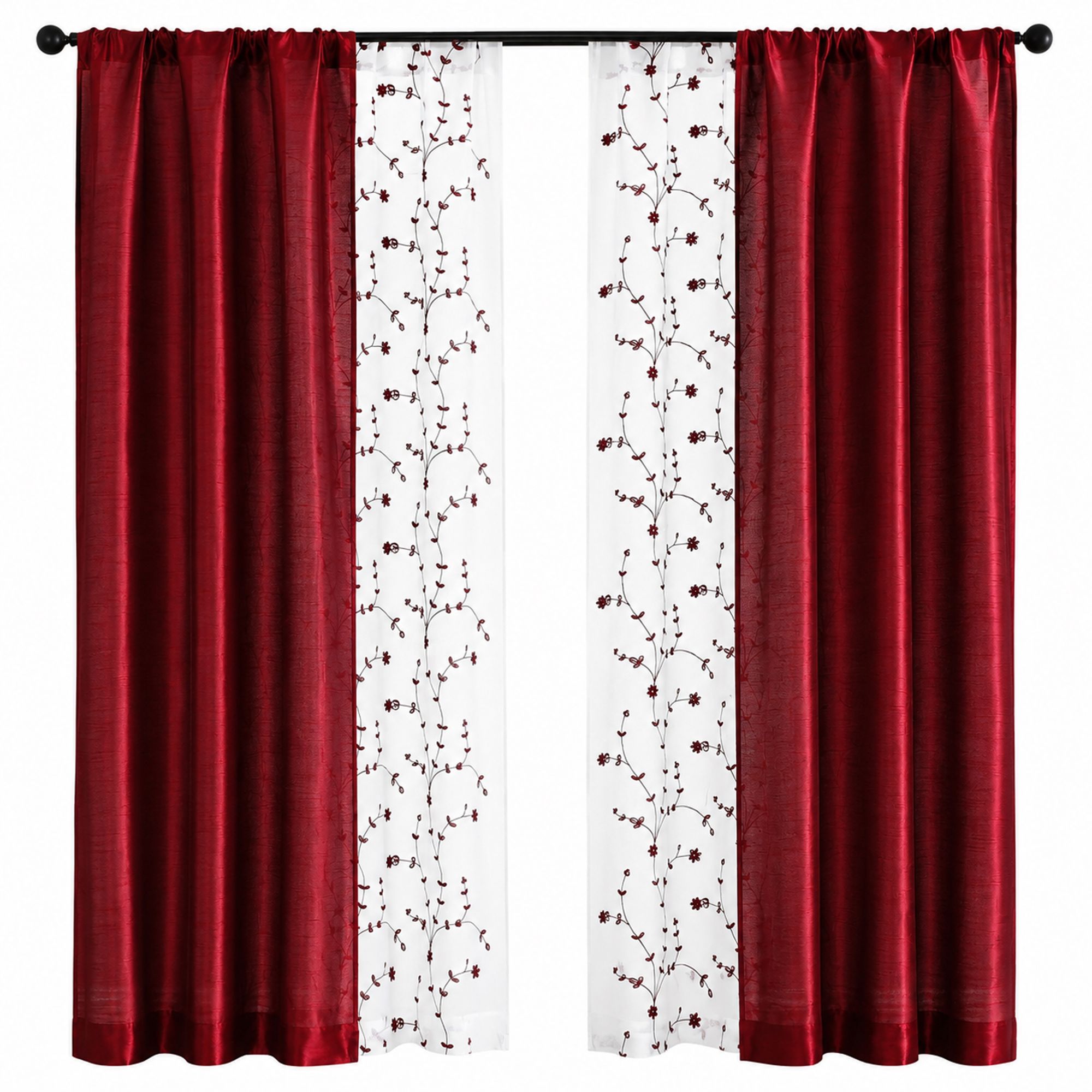 KATE AURORA -  Gloria Embroidered 6 Piece Rod Pocket Coordinating Sheer Window Curtain Panels