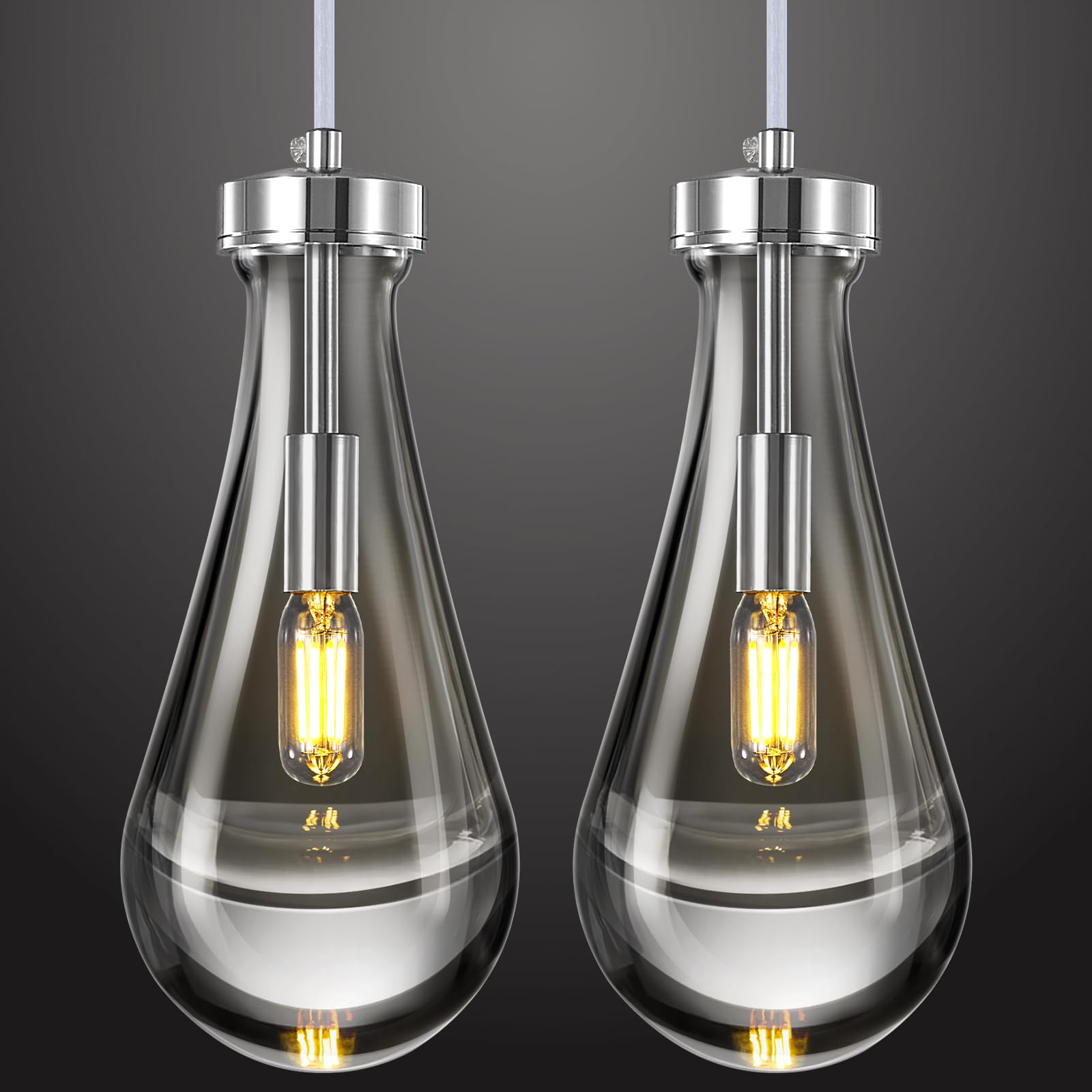 IUEST  Raindrop Pendant Lights Kitchen Island Set of 2 Teardrop Chrome Hanging Light Fixtures Clear Solid Glass Pendant Light Modern Chandeliers