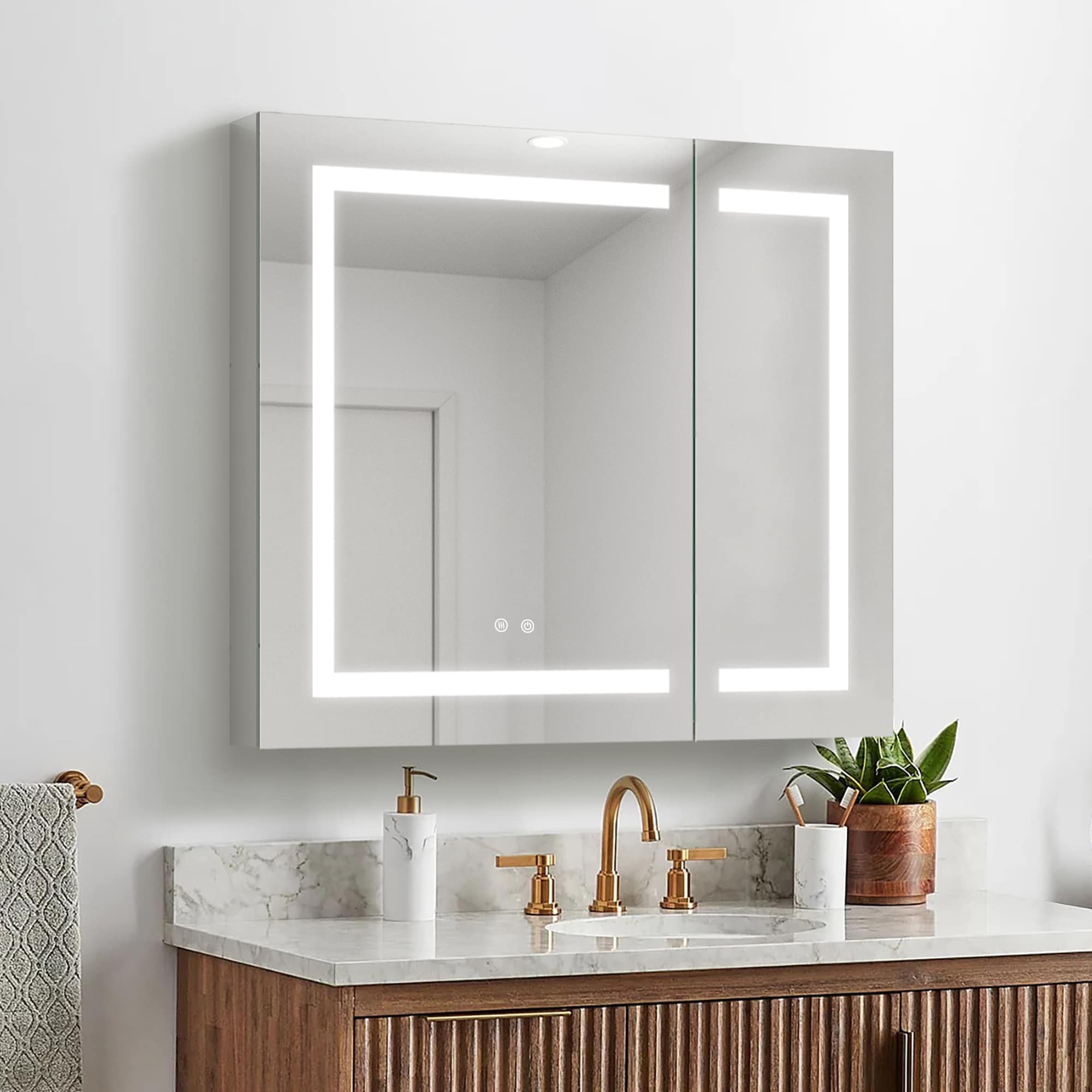 WELLFOR EX5 24-in x 32-in Lighted LED Fog Free Surface/Recessed Mount Black Mirrored Soft Close Medicine Cabinet with Outlet