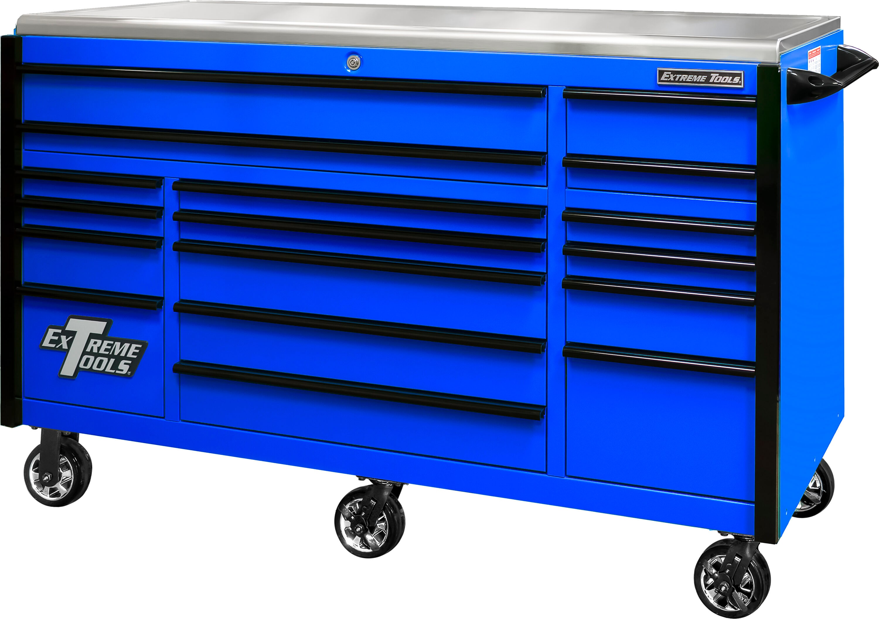 Extreme Tools 72in Blue Roller Cabinet with Black Drawer Pulls -  EX7217RCQBLBK