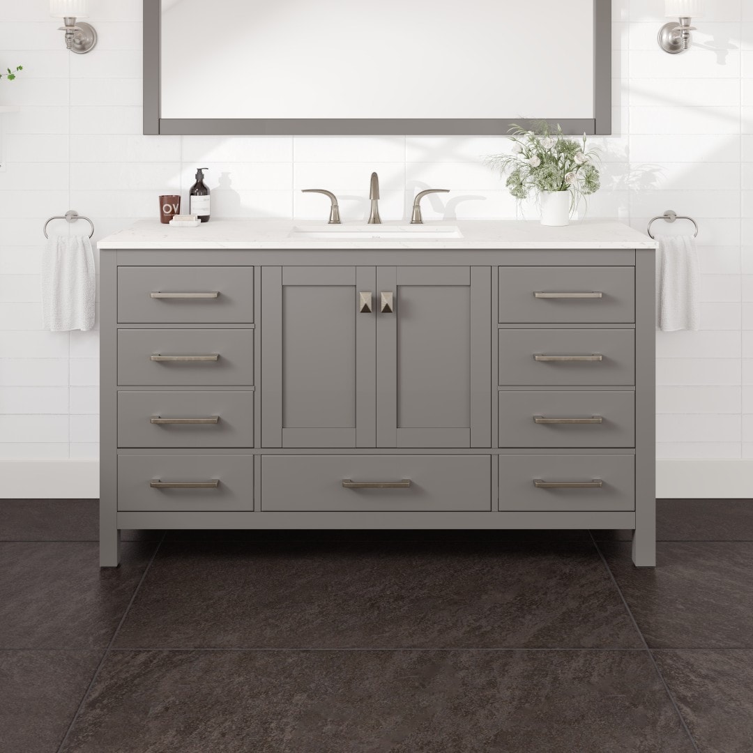 Eviva EVVN412-60GR-SS-Q Aberdeen 60-in Gray Undermount Single Sink Bathroom Vanity with White Quartz Top