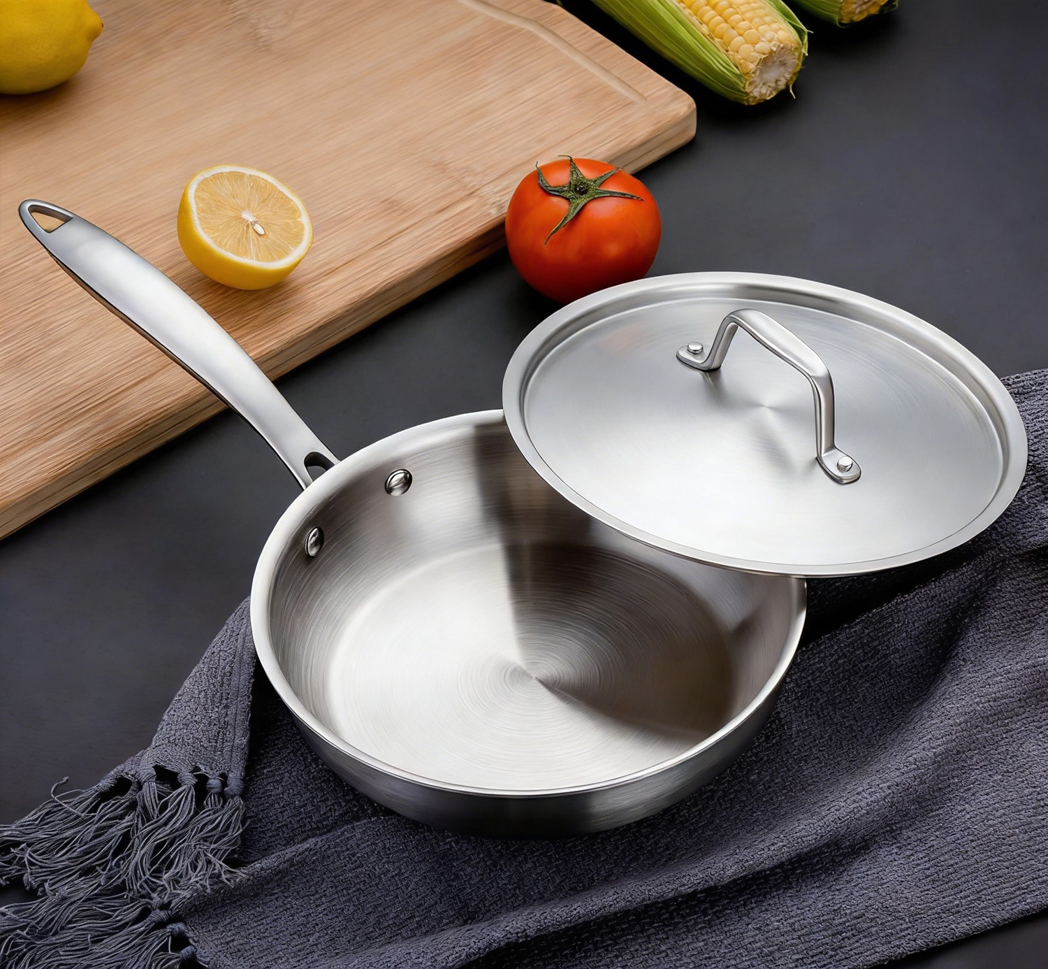 Fortune Candy 8-Inch 3-ply Skillet 18/8 Stainless Steel Silver Fry Pan with Lid
