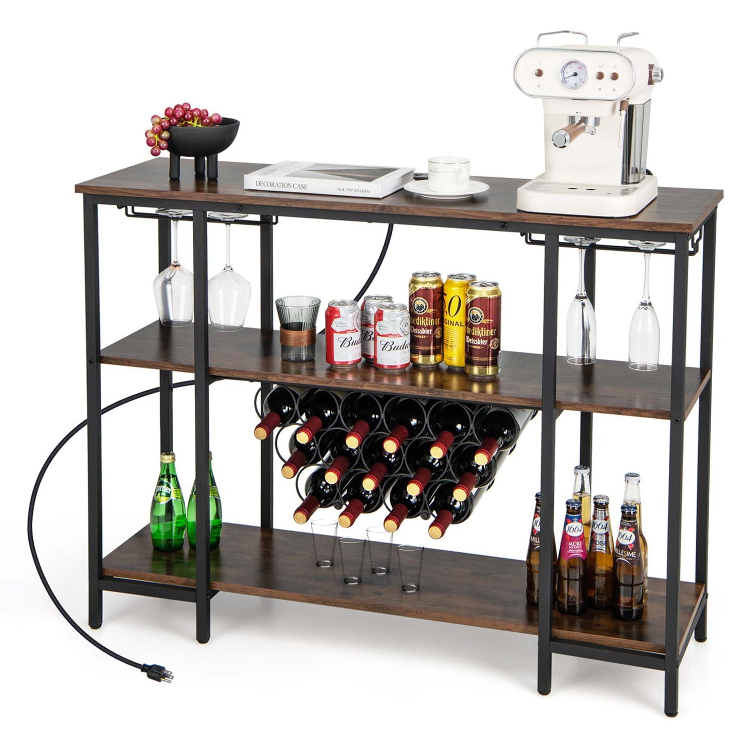   Cabinet Bar Table  Rack Table for Drinks Glasses with Power Outlets Brown