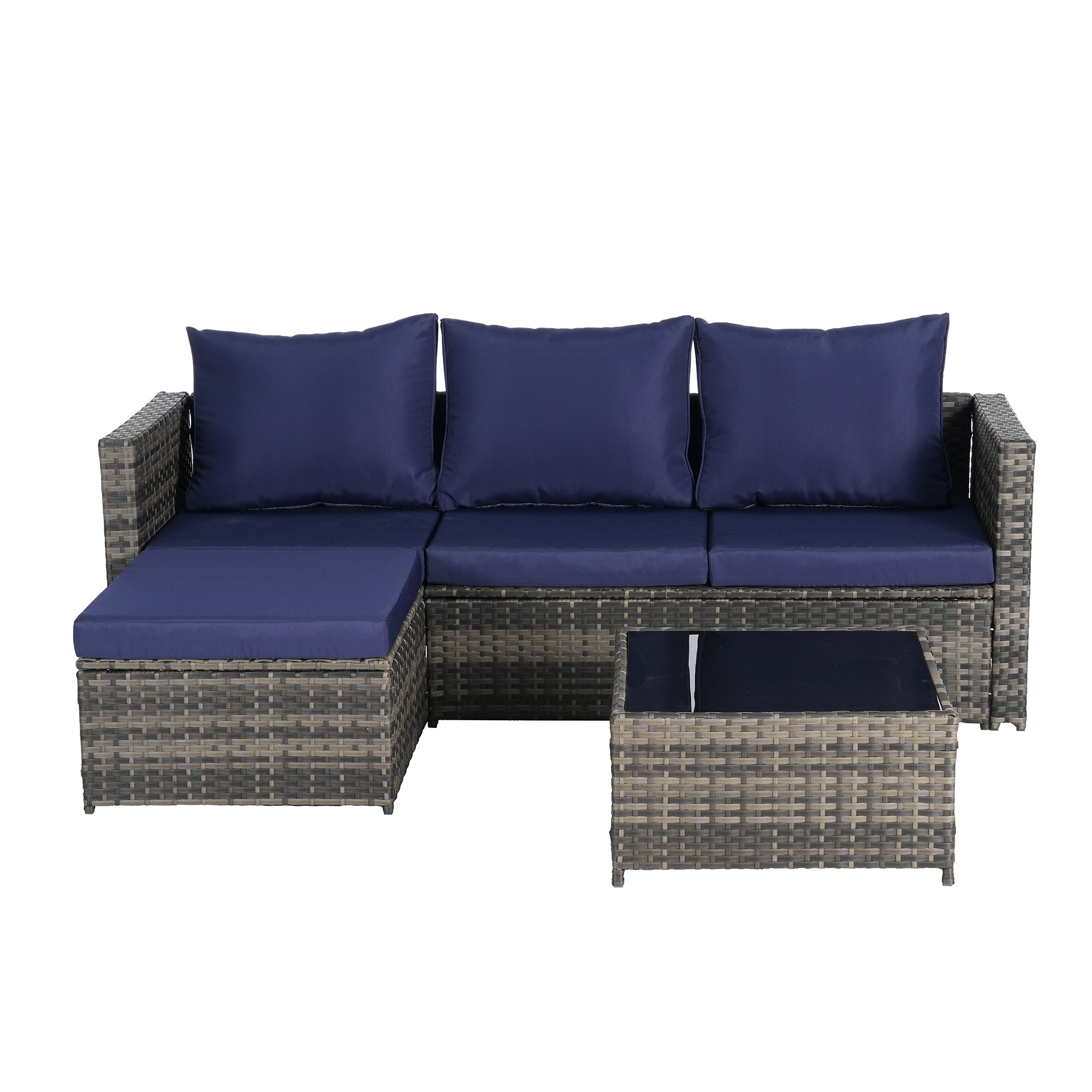 SINOFURN SYB670035NV Wicker Outdoor Sectional with Blue Cushions and Wicker Frame