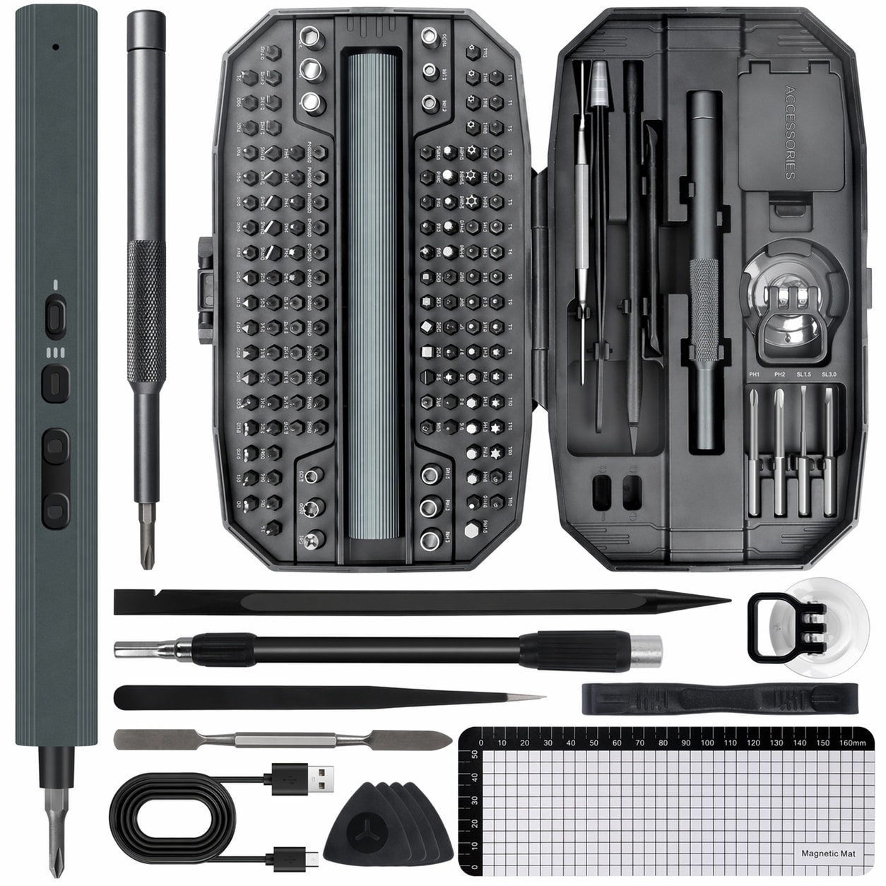 Phyfalip  Electric Screwdriver 155 in 1 Mini Electric Screwdriver Set Max 5 N m 140 S2 Magnetic Bits 3 Torque Settings Power Screwdriver Cordless