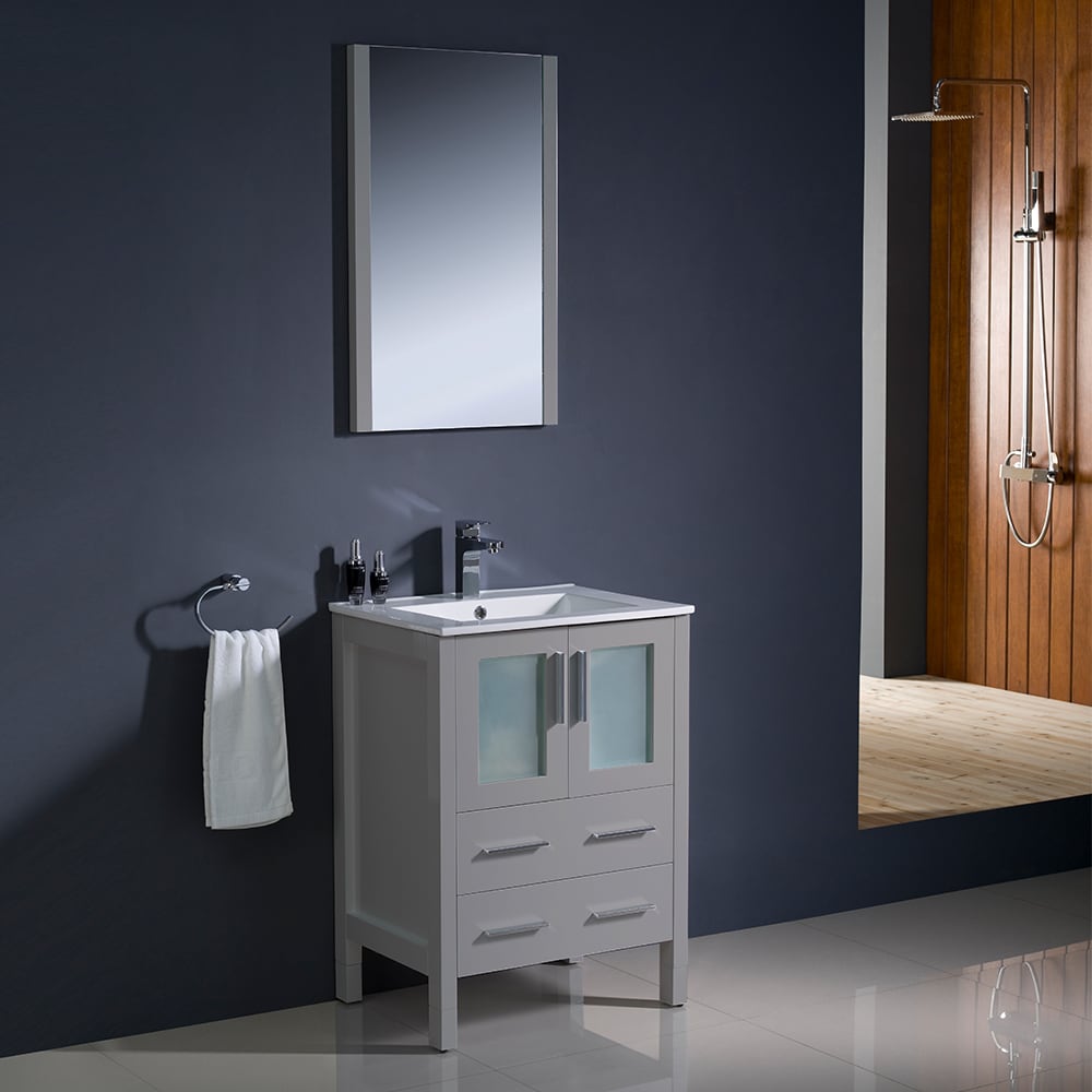 Gray Ceramic and Engineered Wood Single Vanity Set with Mirror