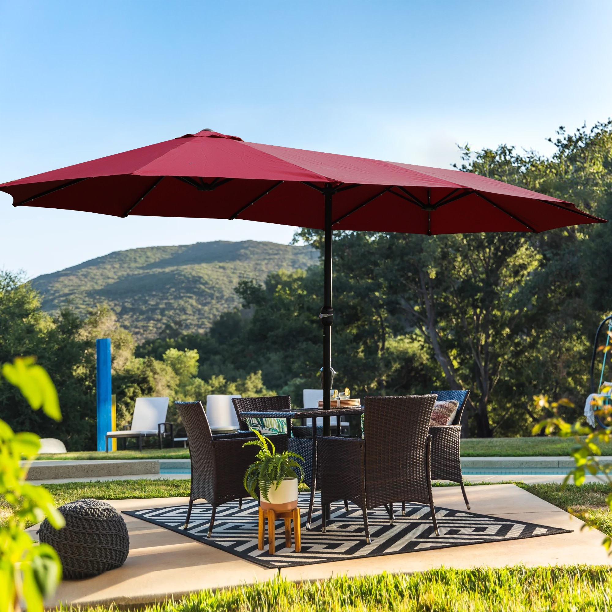 Tatayosi JL-145382 15inch x 9inch Large Double-Sided Rectangular Outdoor Twin Patio Market Umbrella with light and base red