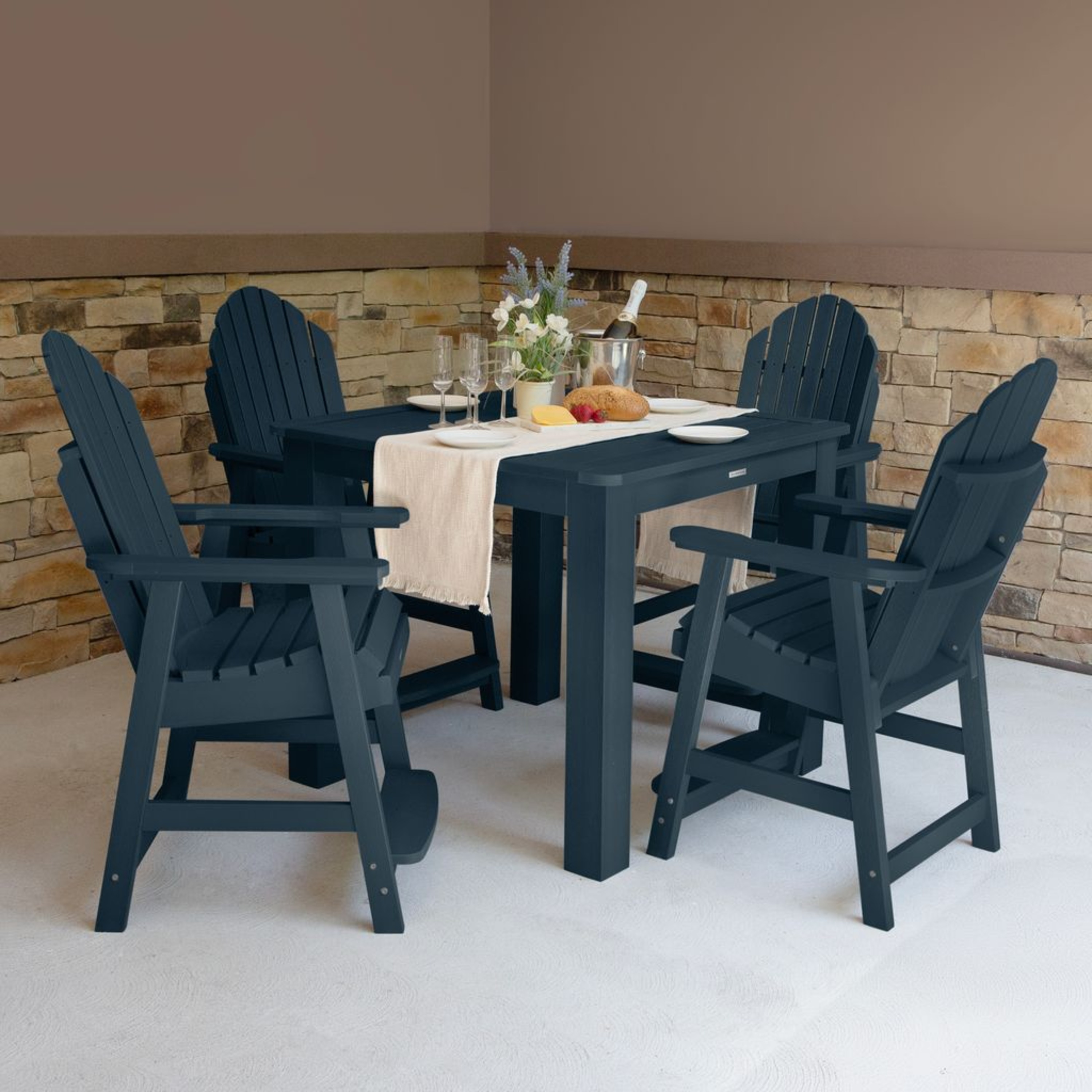 highwood AD-CNA44-FBE The Adirondack 5 -Piece Federal Blue Bar Height Patio Dining Set Plastic Square Table with 4 Stationary Chairs