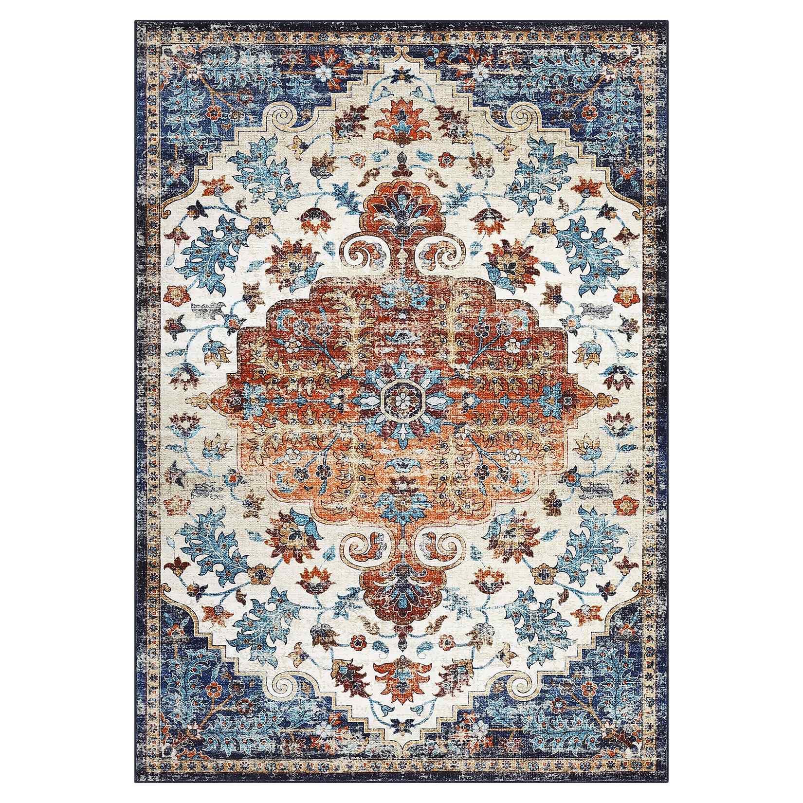 Qeetex LSN-PHO-353M5LAB 9 x 12 ft Polyester Cashmere Imitation Orange Rectangular Hallway Bathroom Entryway Kitchen Office Foldable Flower Printed Persian Washable Area Rug
