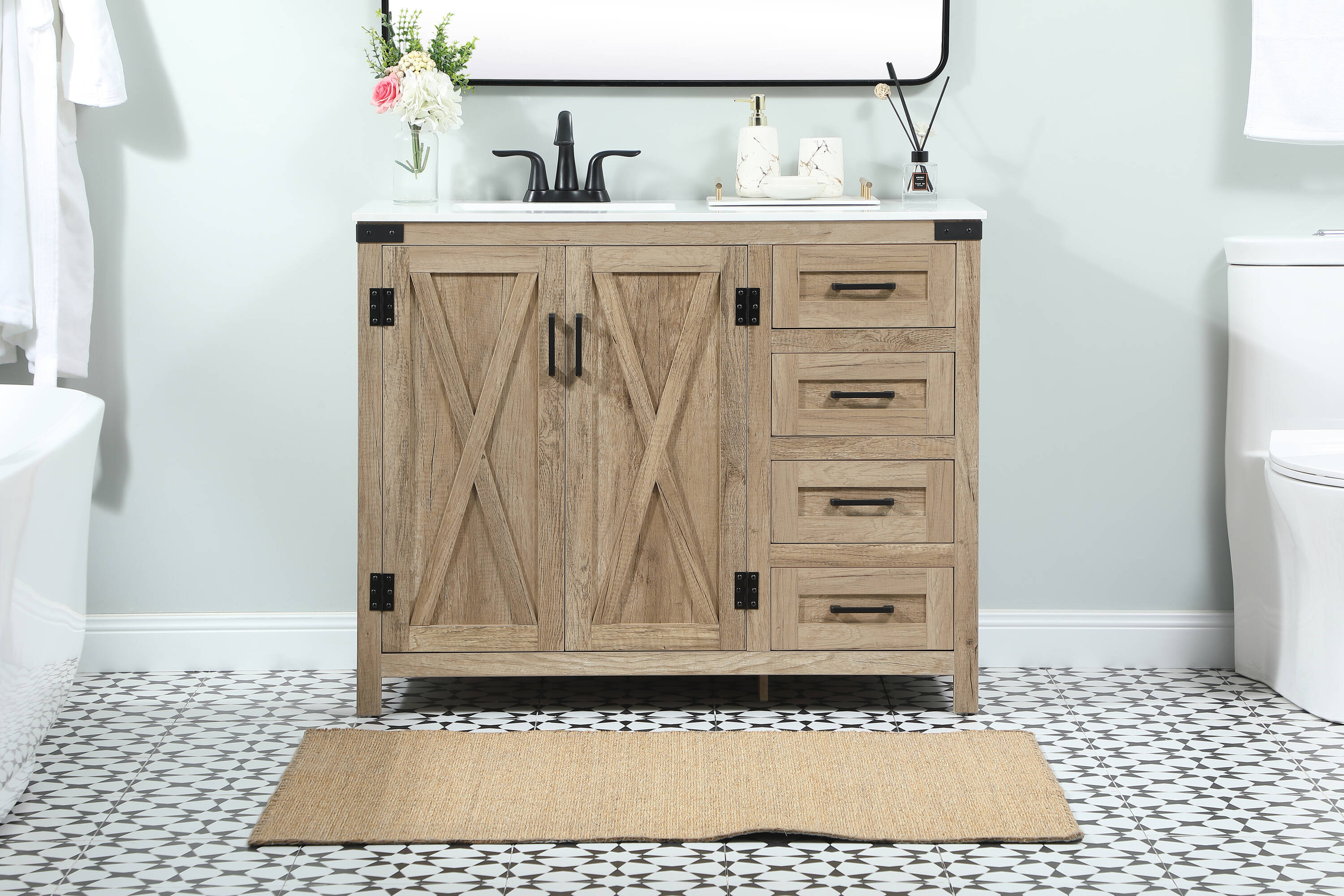 Elegant Decor HF270726NT Home Furnishing 42-in Natural Oak Undermount Single sink Bathroom Vanity with Ivory White Engineered marble Top