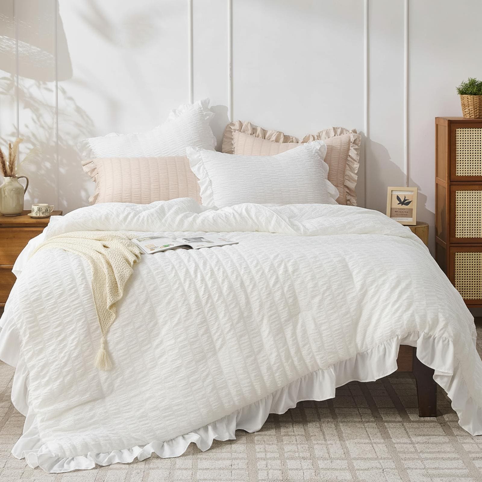 OMOMMD Full Ruffle Seersucker Comforter  All Season Lightweight Soft Shabby Chic Bedding with Pillowshams  Certified Durable Easy Care