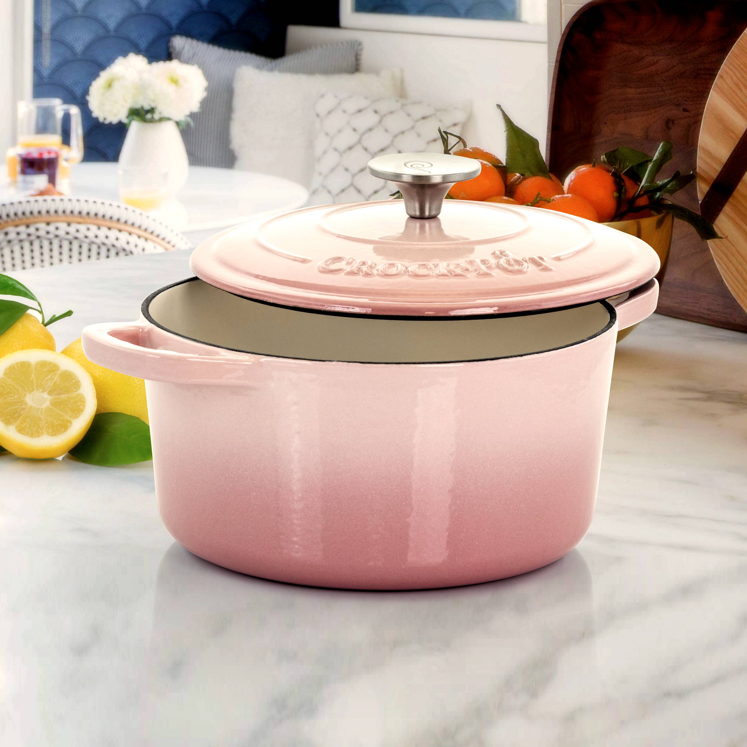 Crock-Pot Artisan 5 qt. Blush Pink Round Enameled Cast Iron Braiser Pan  with Self Basting Lid 985117488M - The Home Depot