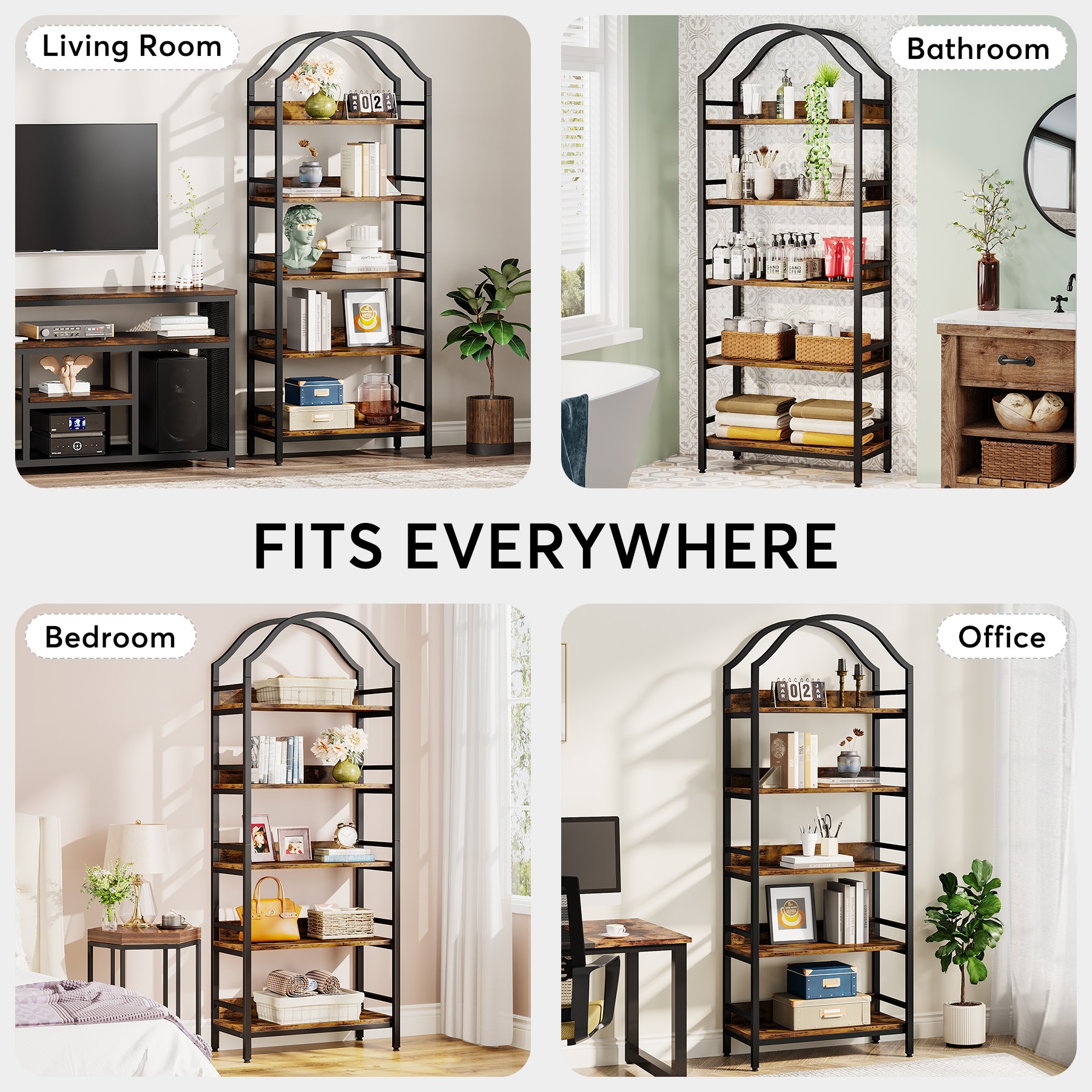 5 Shelf Etagere Arched Bookcase, 72Tall Metal Bookshelf with Wood Shelving, Gold / Black - 2 PC