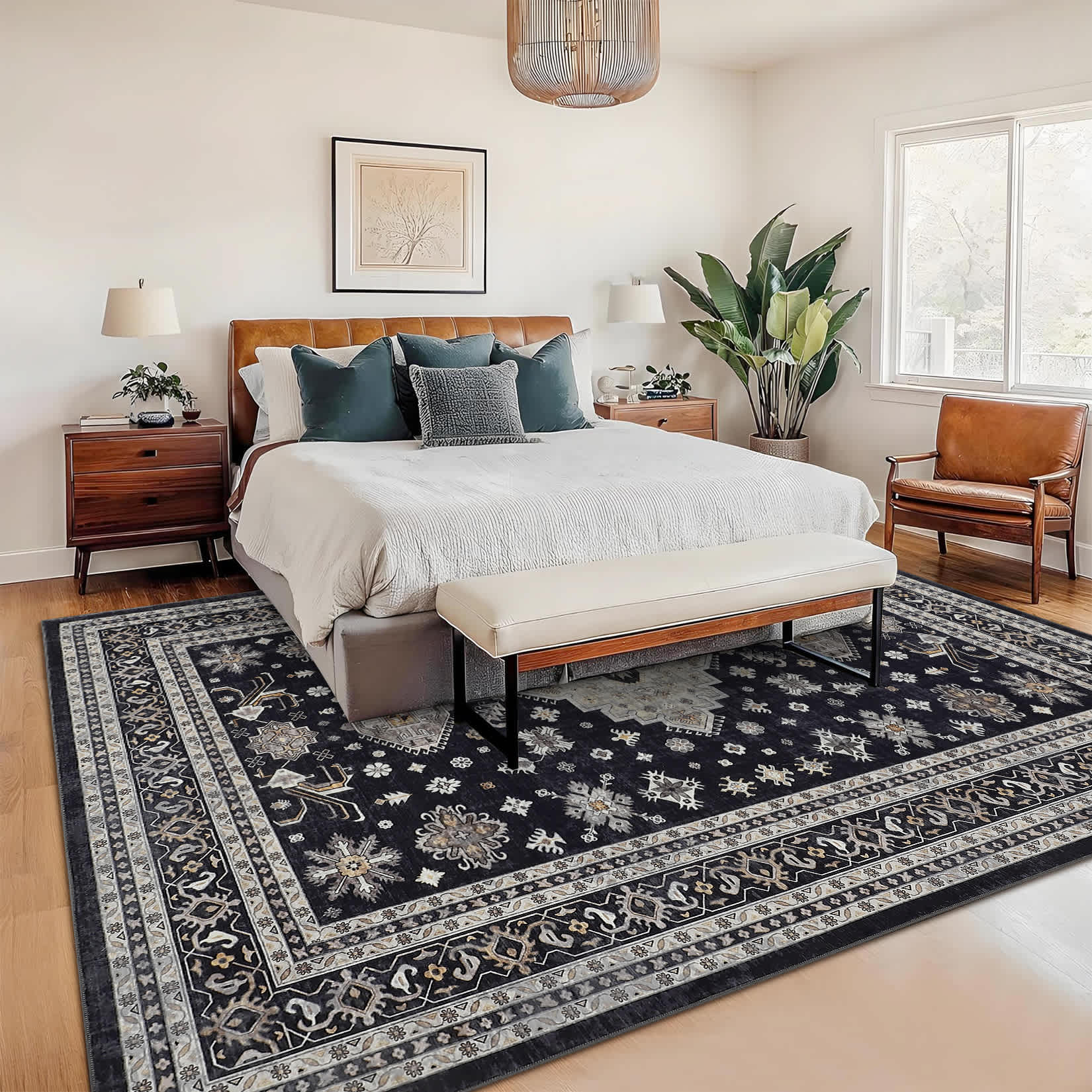Qeetex LSN-PHO-33RNBP7R 10 x 13 ft Polyester Cashmere Black Rectangular Hallway Bathroom Entryway Kitchen Office Foldable Flower Printed Persian Washable Area Rug