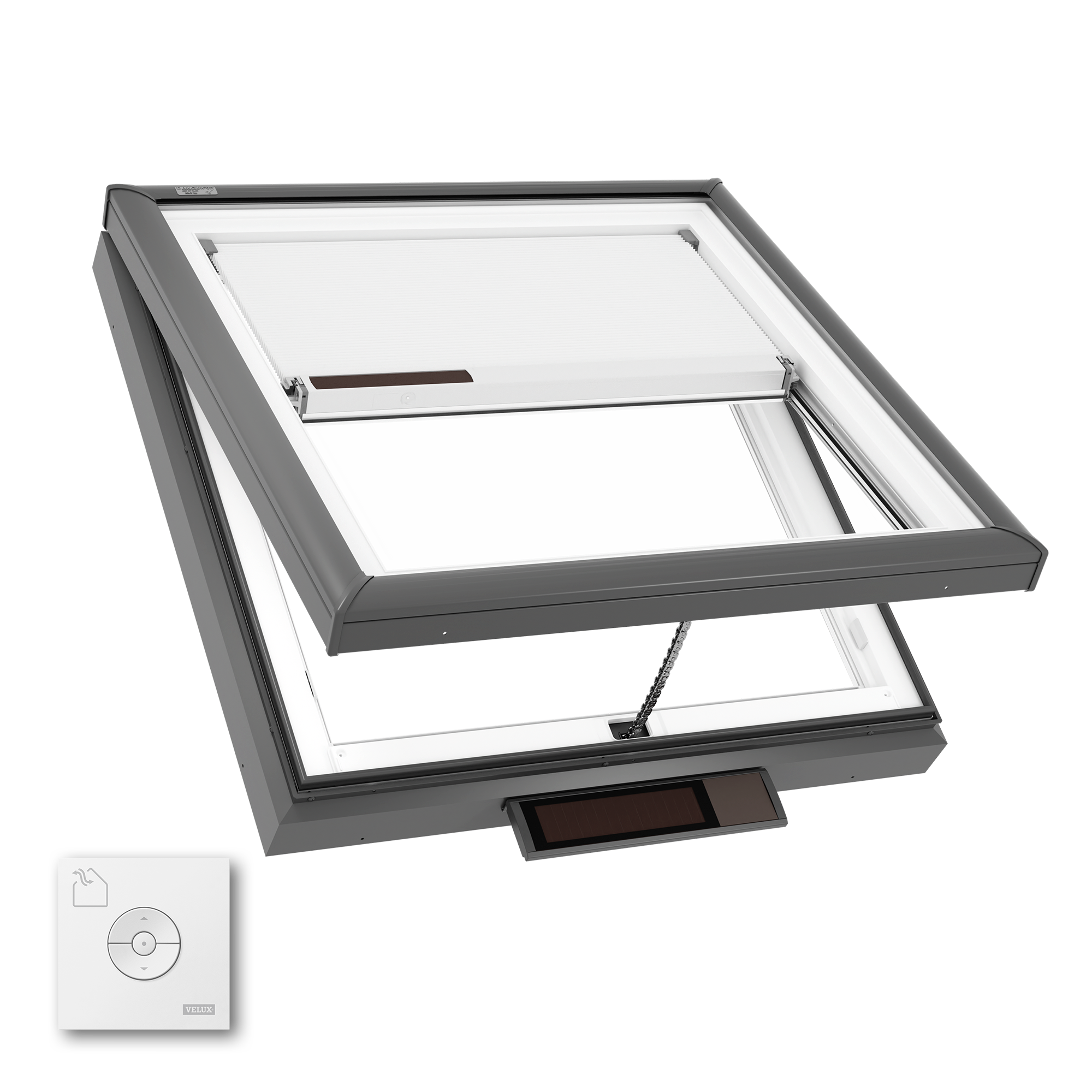 VELUX 46-1/2-in x 46-1/2-in Solar-powered venting Curb mount Aluminum Skylight with Laminated Low-E argon Glass Room Darkening Shade #VCS 4646 2004S