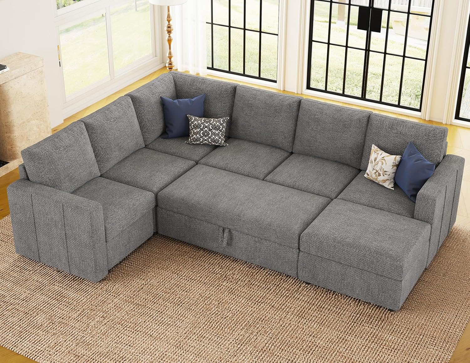 Belffin BF096C-AB3CDE-GRAY Modular Sectional Sleeper Sofa with Pull Out Bed and Storage Ottoman U Shape Sleeper Sectional Couch Oversized Cnovertible 7-Seater Sofa