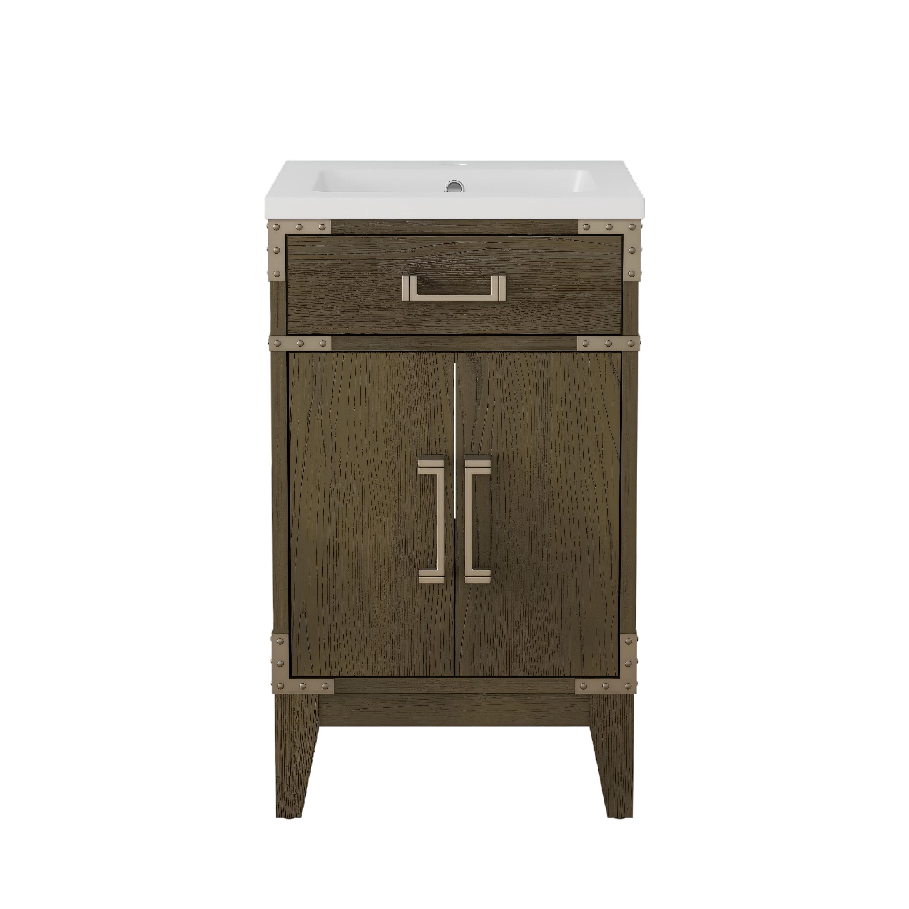 WELLFOR GLEM-52550 20-in Oak Single sink Bathroom Vanity with White Solid surface Top