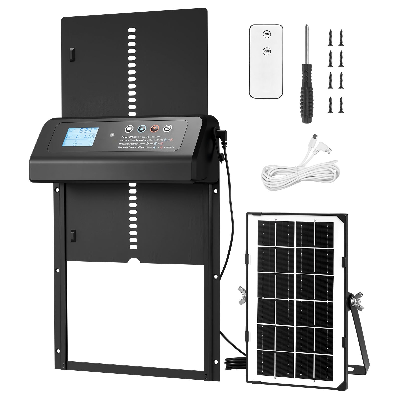 GIVIMO Solar and Battery-Powered Automatic Chicken Coop Door with LCD Display 4-Mode Light Sensor Timer Remote and Manual Aluminum Alloy Coop Run Gate Opener in Black