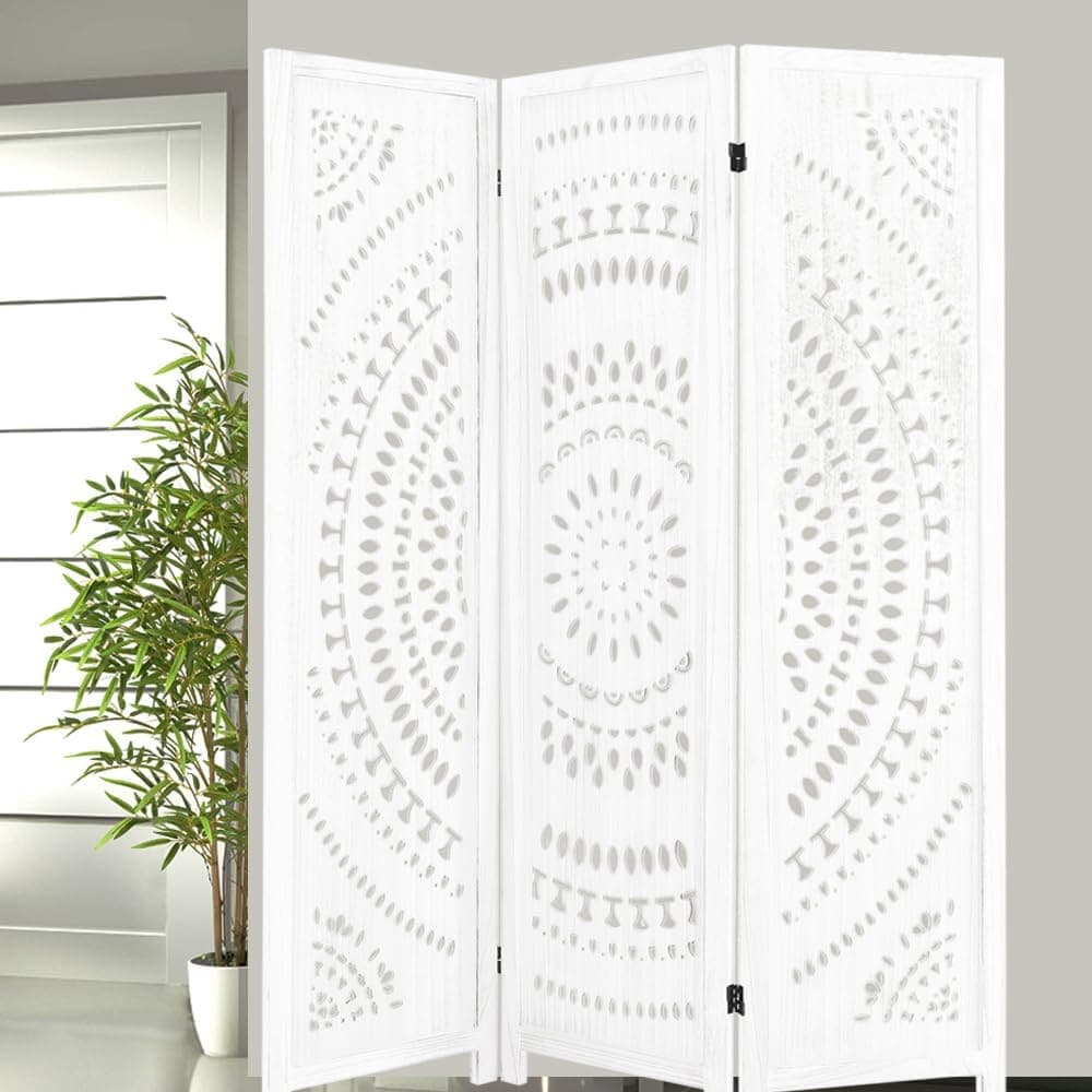Qeetex NL-PHO-34PEZUEM 1set Wooden Room Divider Warm White Regular Cutout Pattern 3 Panels