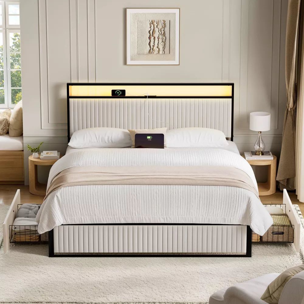 Aok Garden Queen Upholstered Platform Bed with Headboard LED Lights Charging Station and 2 Drawers Beige