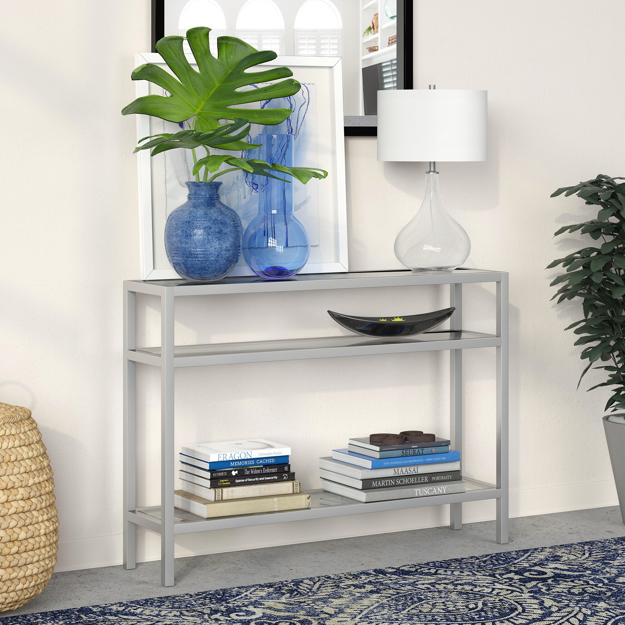 Satin Nickel Industrial Console Table with Tempered Glass Shelves