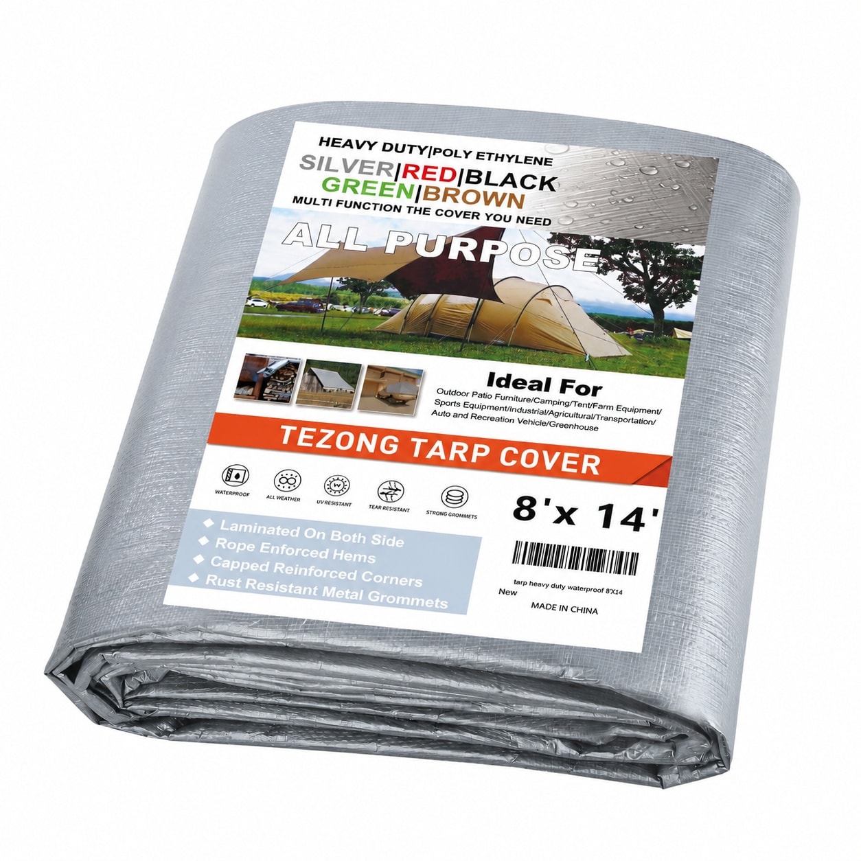 Phyfalip  Heavy Duty Tarp 8 x 14 ft Silver Waterproof Poly Tarpaulin 12MIL Thick UV Resistant Outdoor Cover for Patio Furniture Roof Firewood
