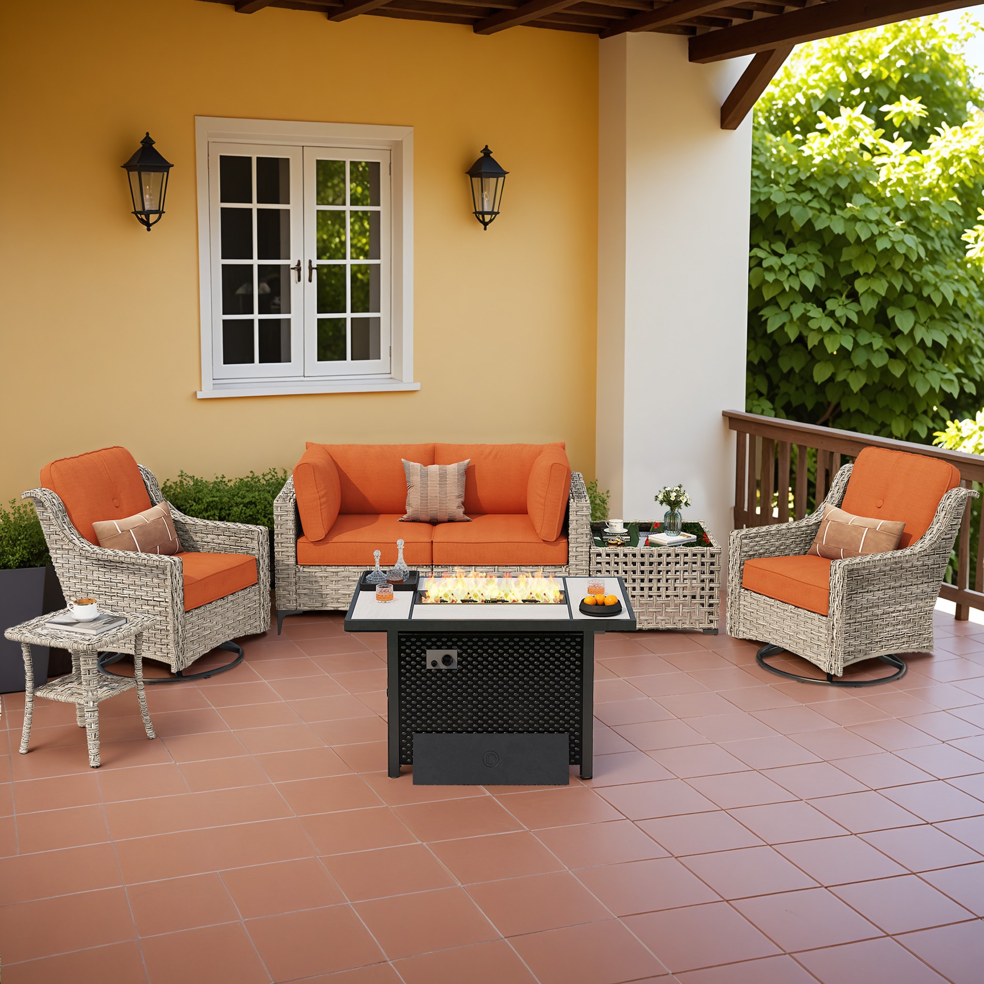 ALTRIGUS 6LCFP03YZSKT80C7AL 7 -Piece Wicker Patio Sofa Conversation Set with Orange Cushions
