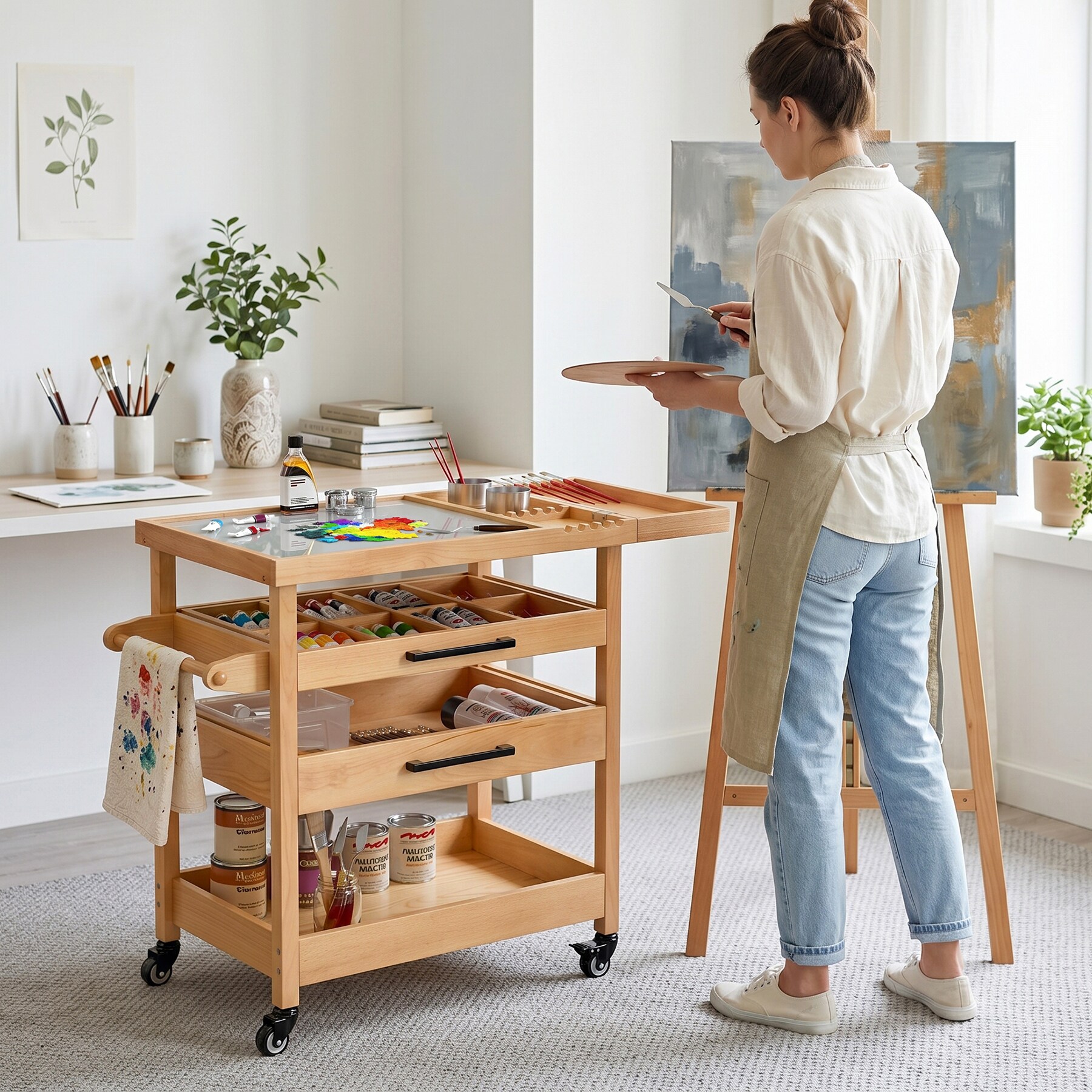 GDLF Art Cart Beech Wood Art Supply Cart Organizer on Wheels with