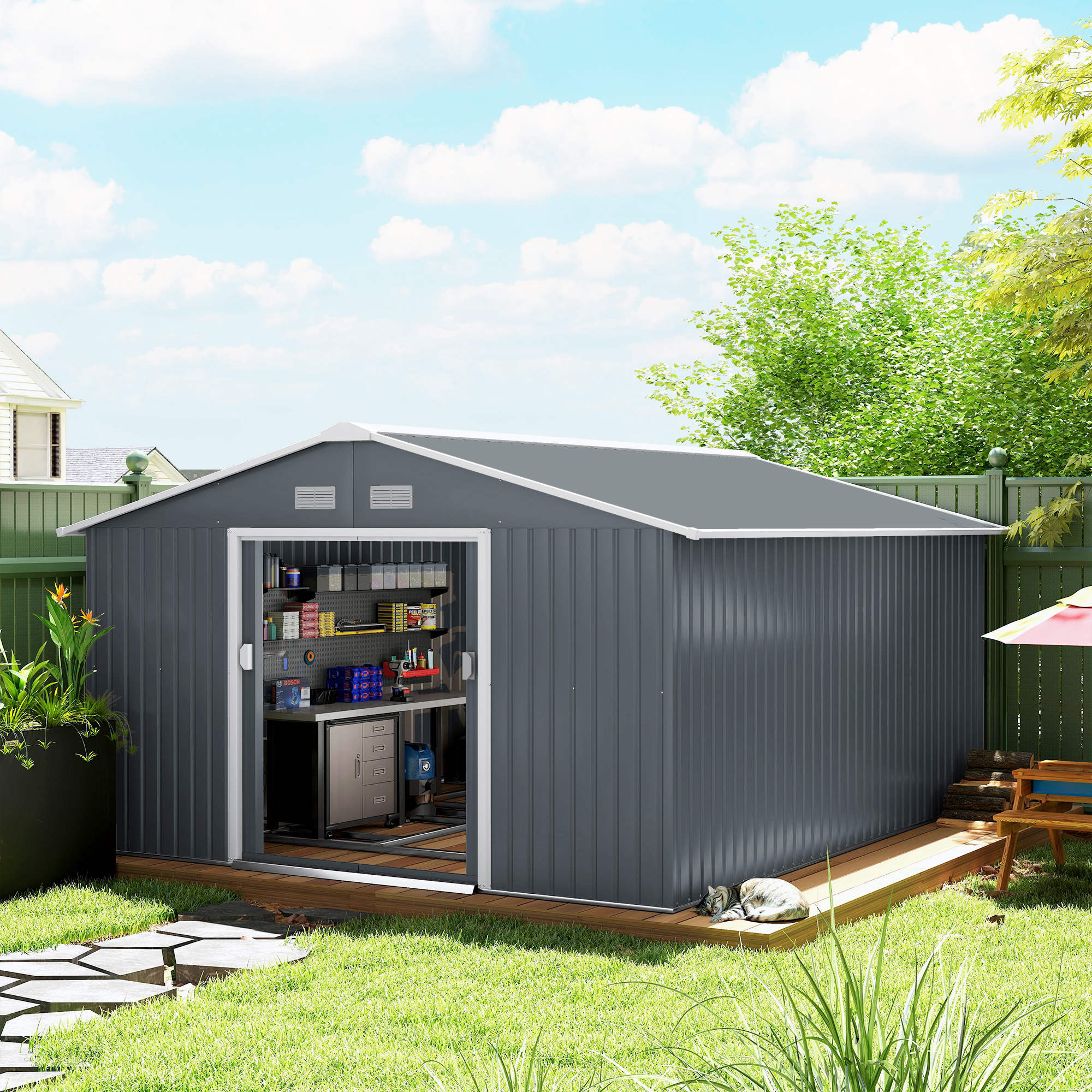 Tinyhomie 11ft x 13ft Garden Metal Shed Storage Shed Utility Storage ...