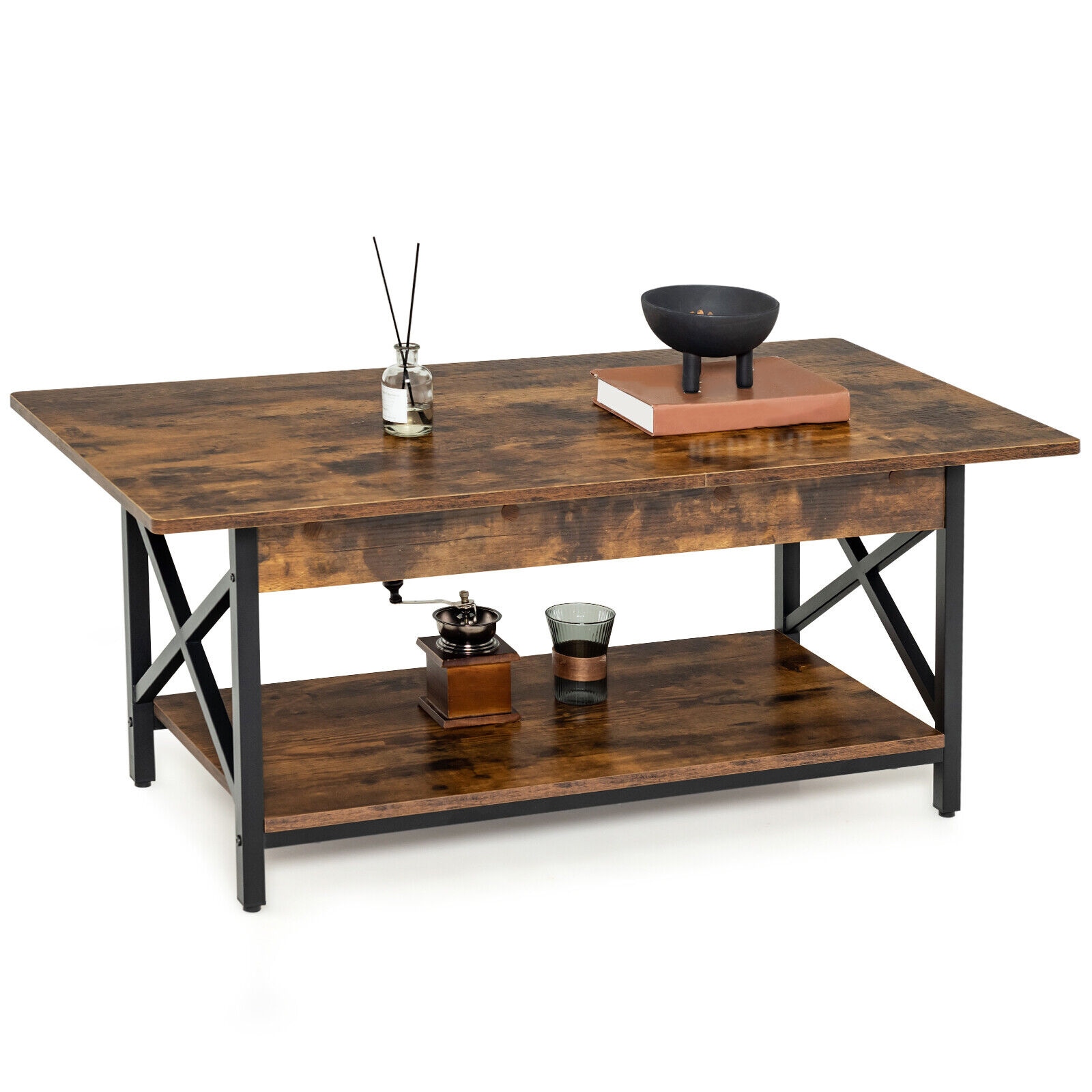Slickblue D-CO-FC23601VJ Rustic Brown/Black Engineered Wood Coffee Table with Steel Frame Industrial Rectangular Design Two Tier Storage Living Room